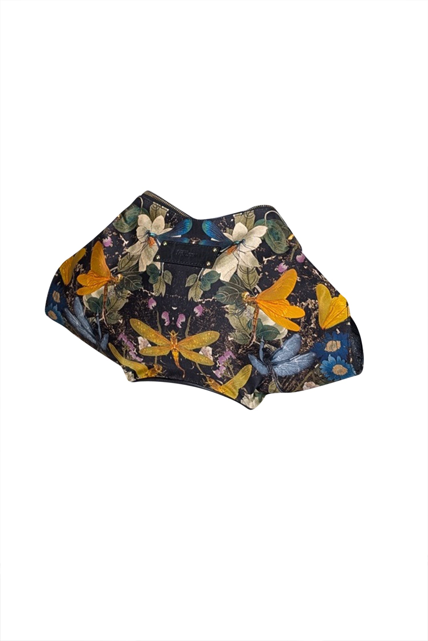 Alexander McQueen - Stunning Black Satin Manta Clutch with Orange & Blue Dragonfly Print