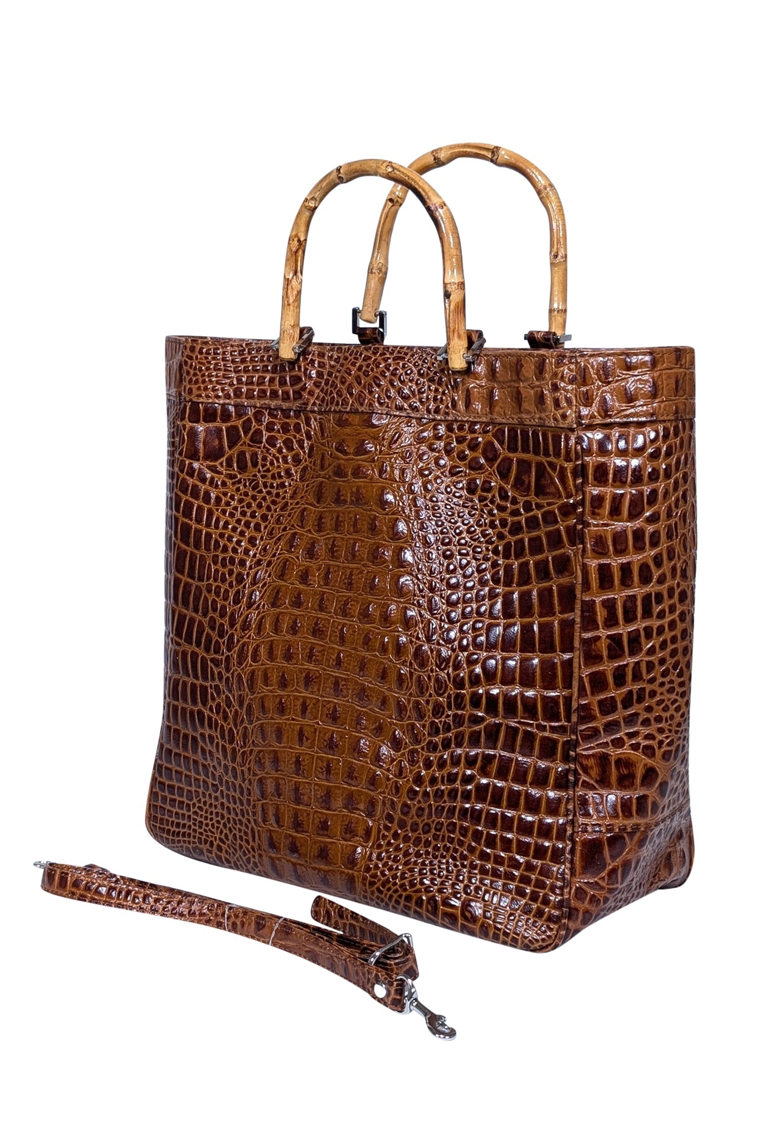 Eric Brand's Stunning Brown Croc-Embossed Tote with Bamboo Handles and Detachable Strap