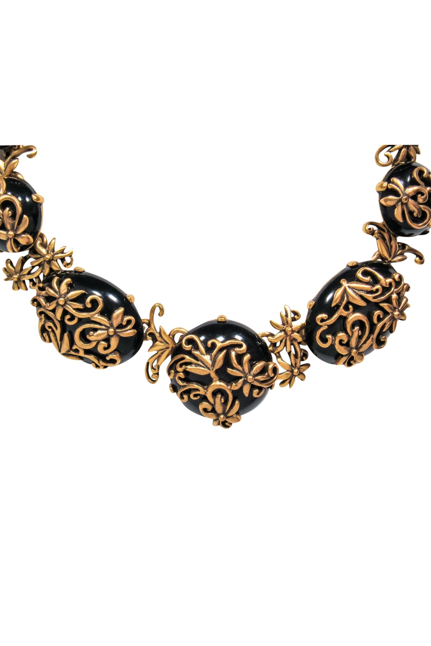 Oscar de la Renta Gold & Black Stone Flower Necklace - A Luxurious Statement Piece