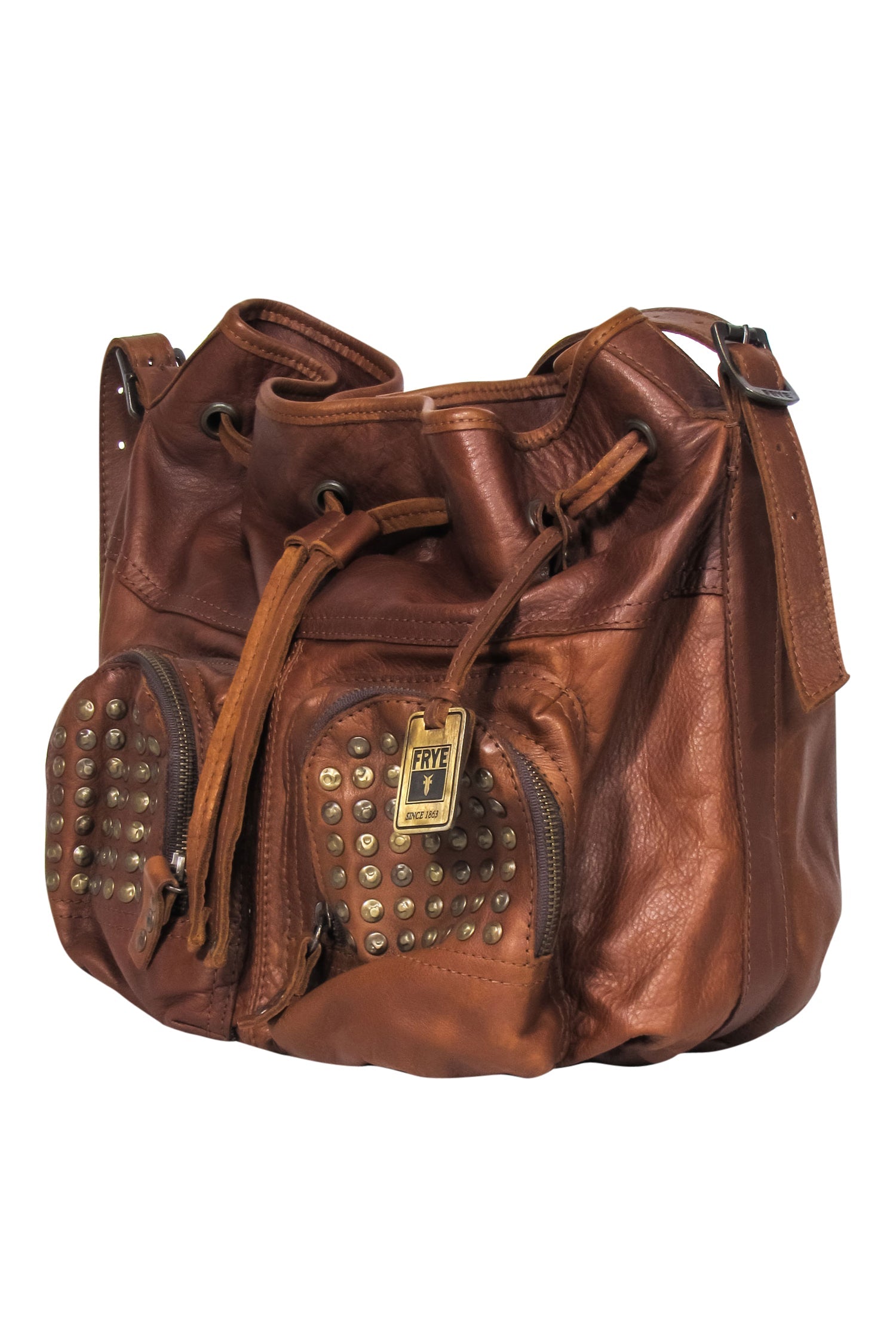 Frye's Stunning Brown Leather Studded Drawstring Crossbody Bag