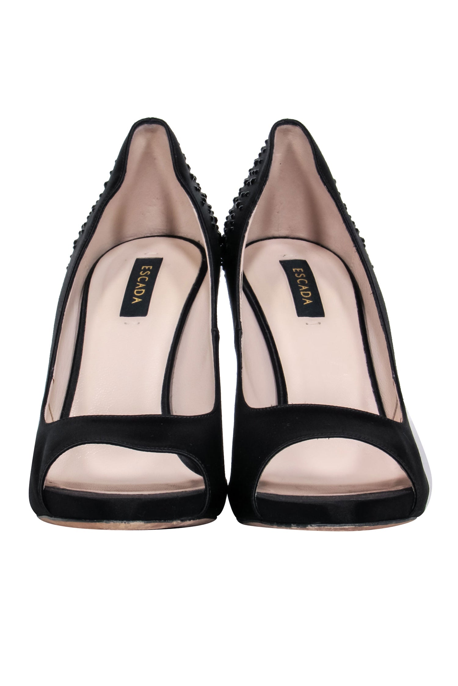 Escada Black Satin Rhinestone-Embellished Open Toe Pumps - Size 9