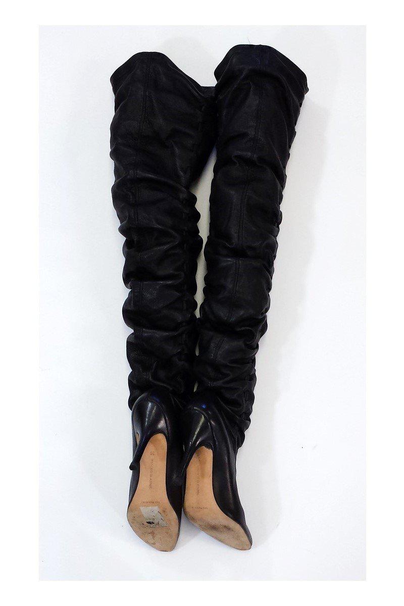 Manolo Blahnik's Stunning Black Leather Gathered Knee - High Boots in Size 5.5