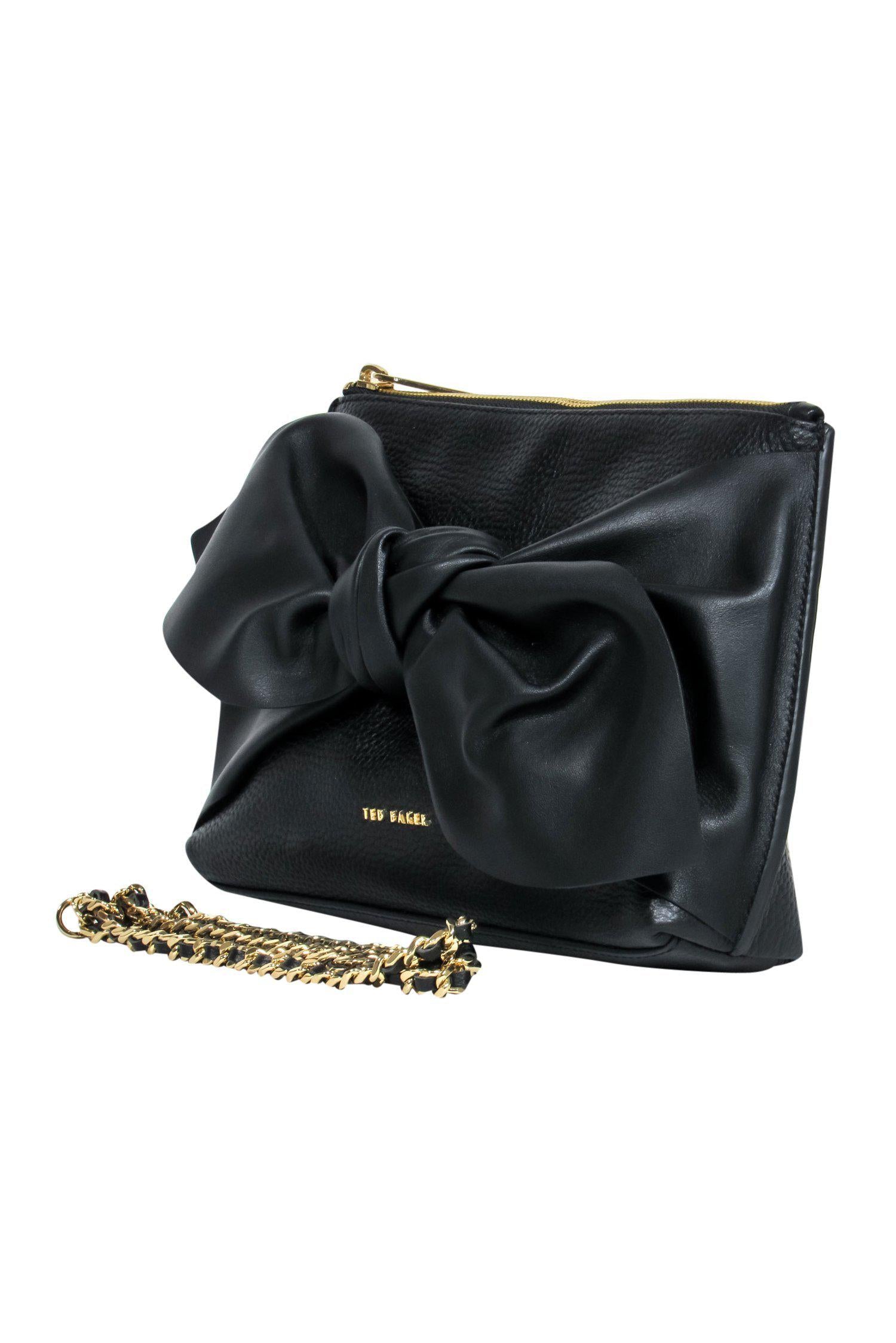 Ted Baker Darrina - Black Pebbled Leather Chain Crossbody Bag with Bow