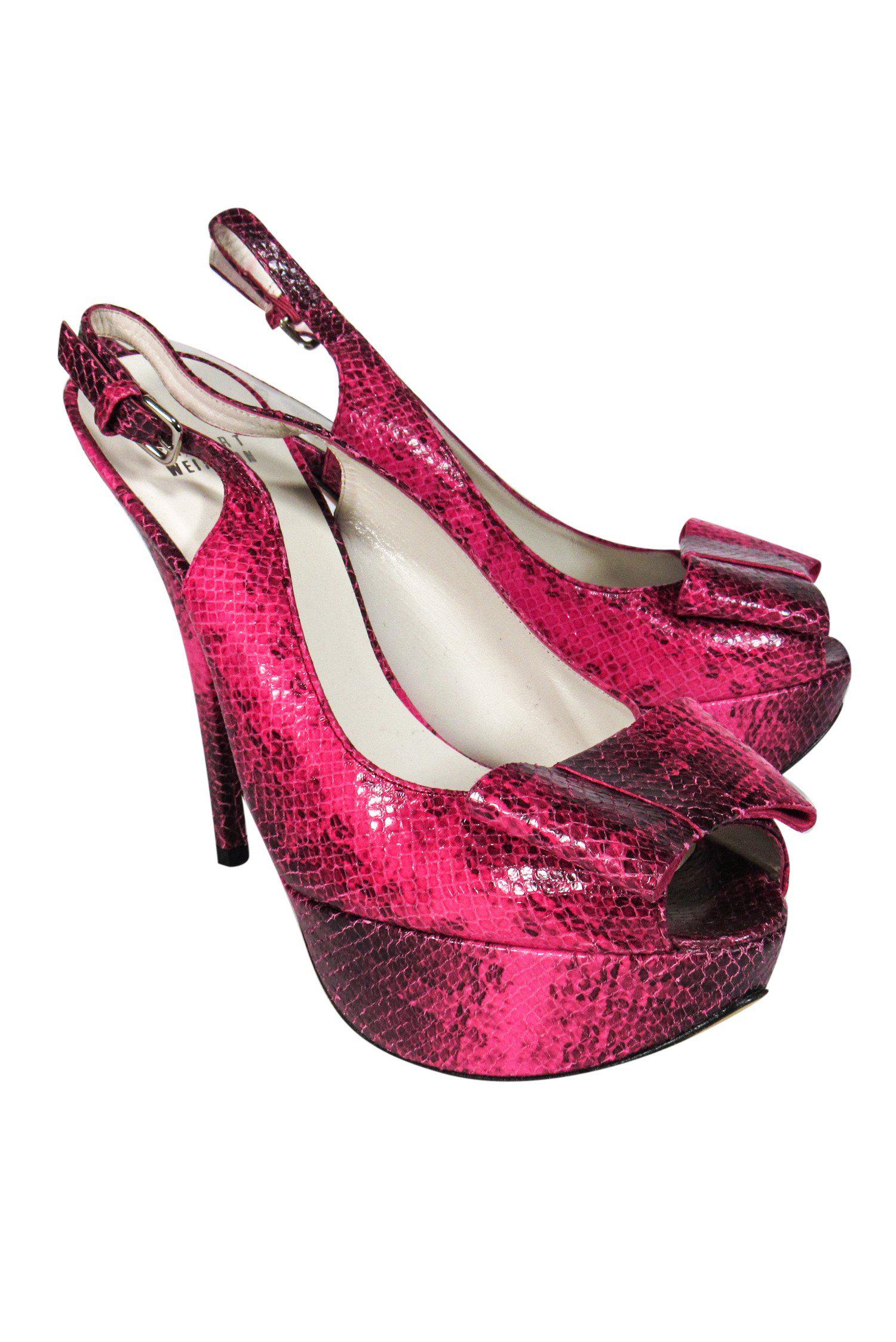 Stuart Weitzman Fuchsia Snakeskin Platform Heels with Bows - Size 9.5 - Perfect for a Night Out!
