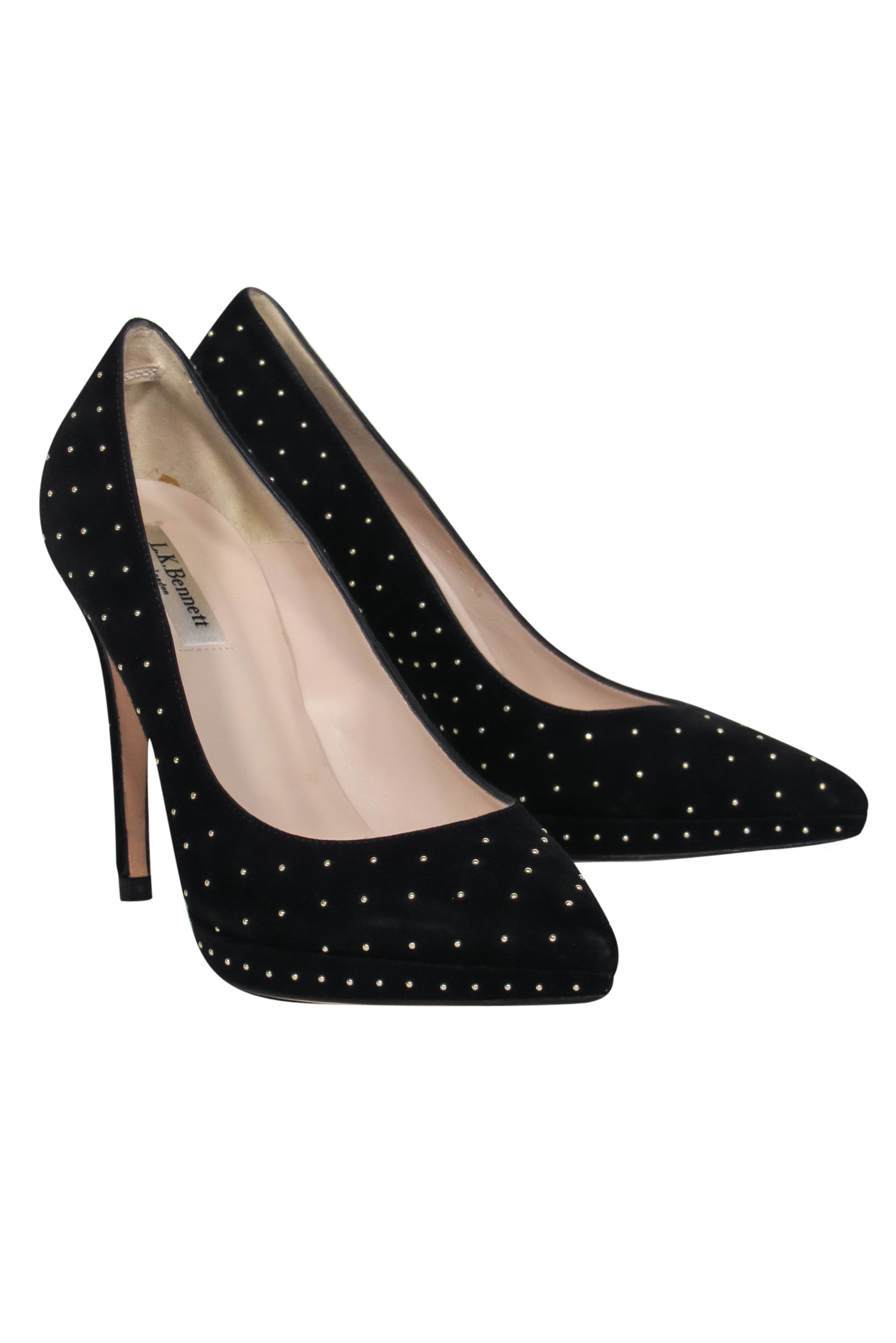 L.K. Bennett Black Suede Gold Studded Pointed-Toe Pumps - Size 8