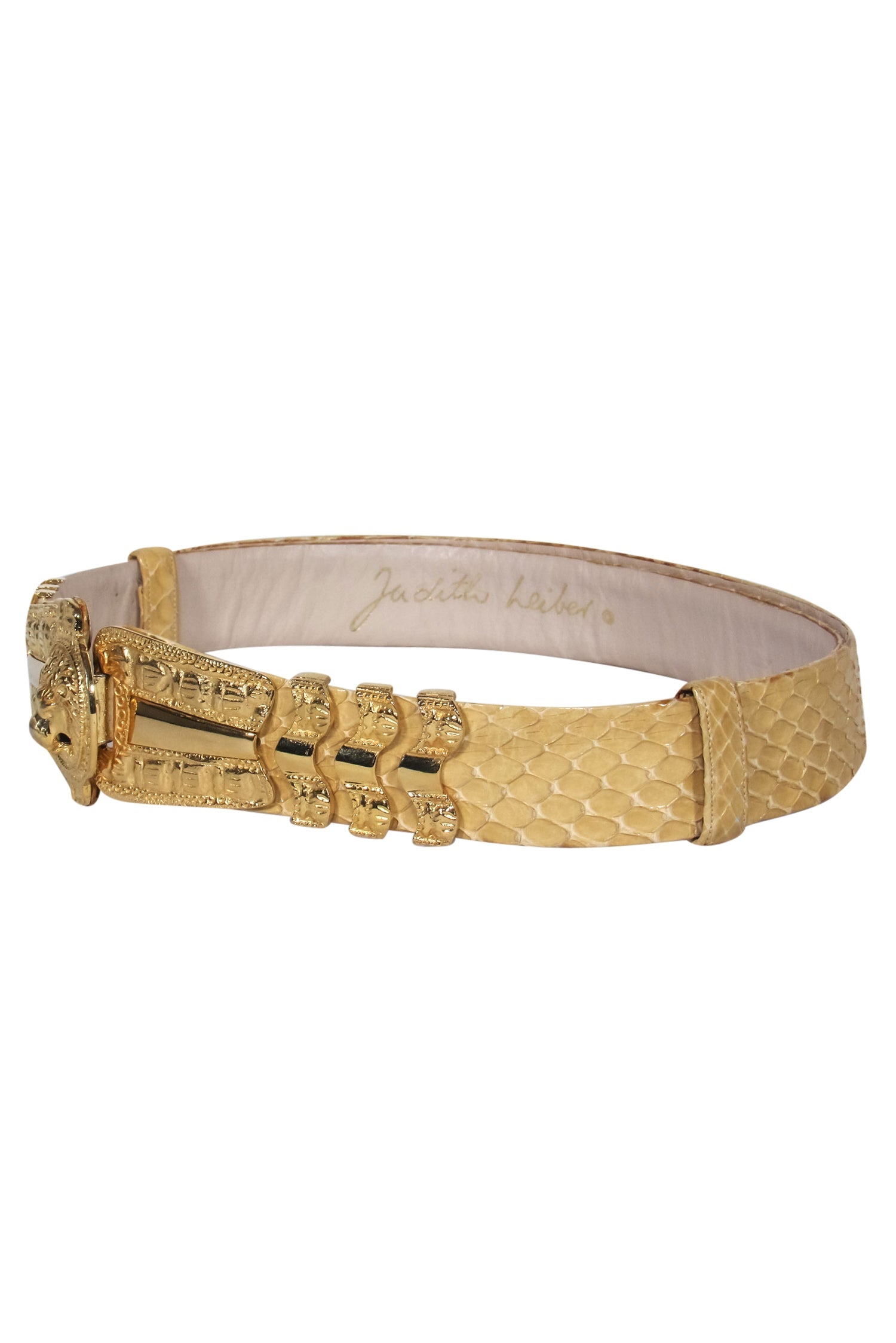 Judith Leiber - Stunning Vintage Tan Snakeskin Belt with Gold Lion Clasp