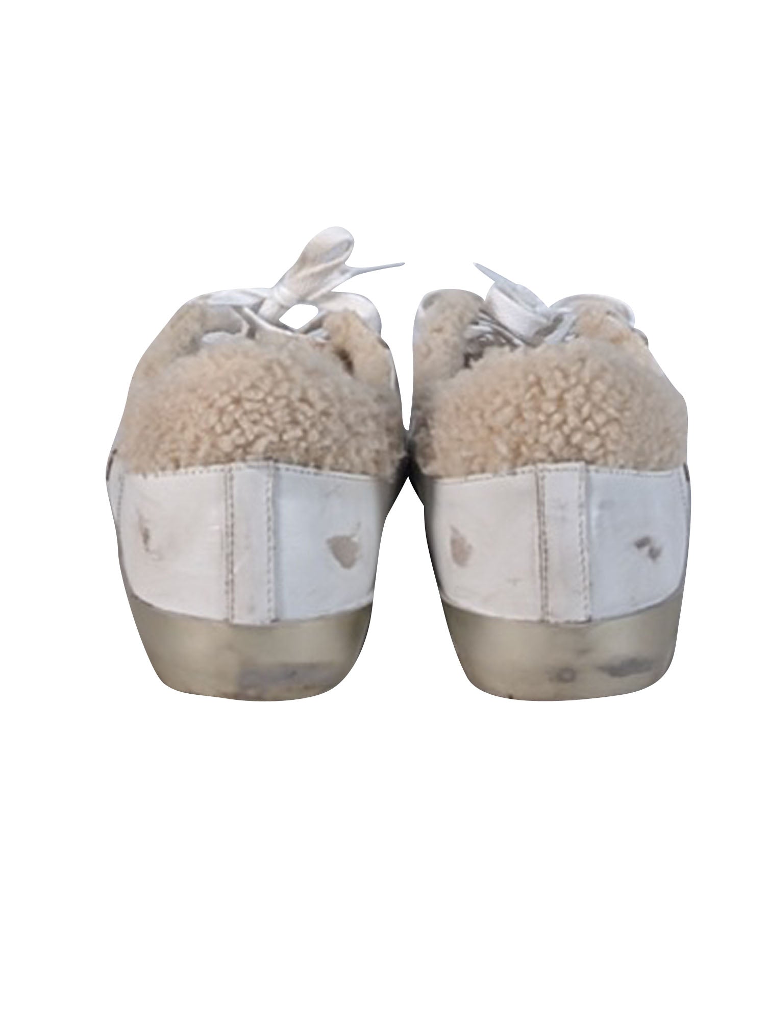 Golden Goose Ivory Leather Super-Star Sneakers with Tan Star & Shearling Trim - Size 9
