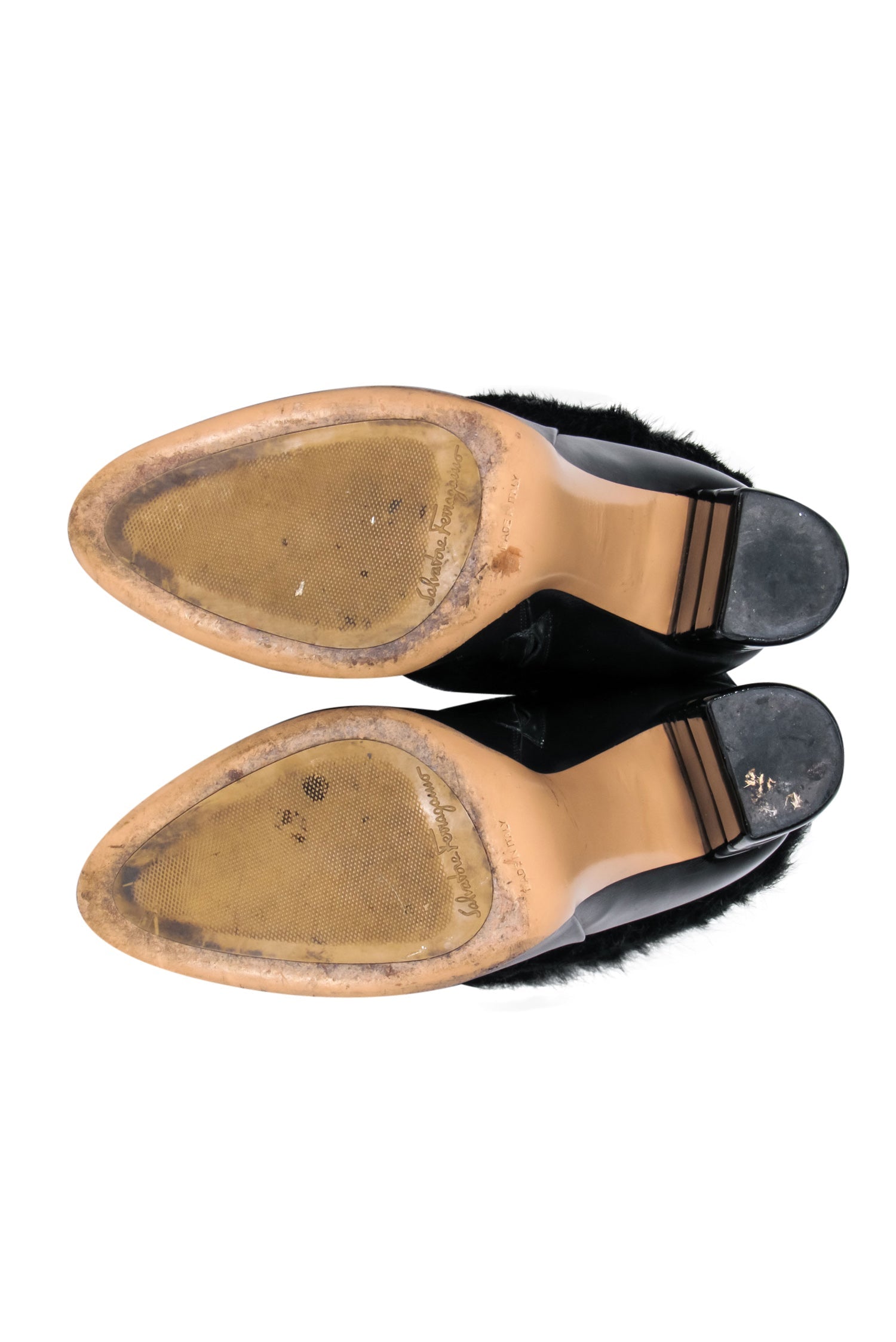 Ferragamo Black Leather Ankle Booties with Luxurious Fox Fur - Size 7