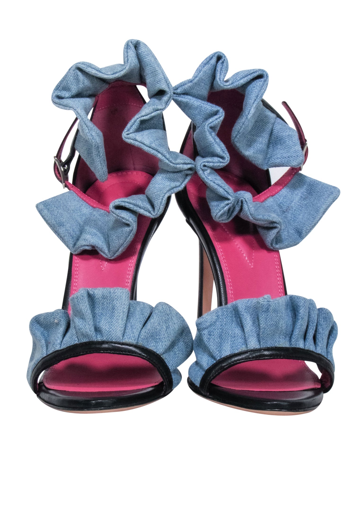 Oscar Tiye - Alluring Blue Denim Ruffle Strappy Leather Pumps in Size 7