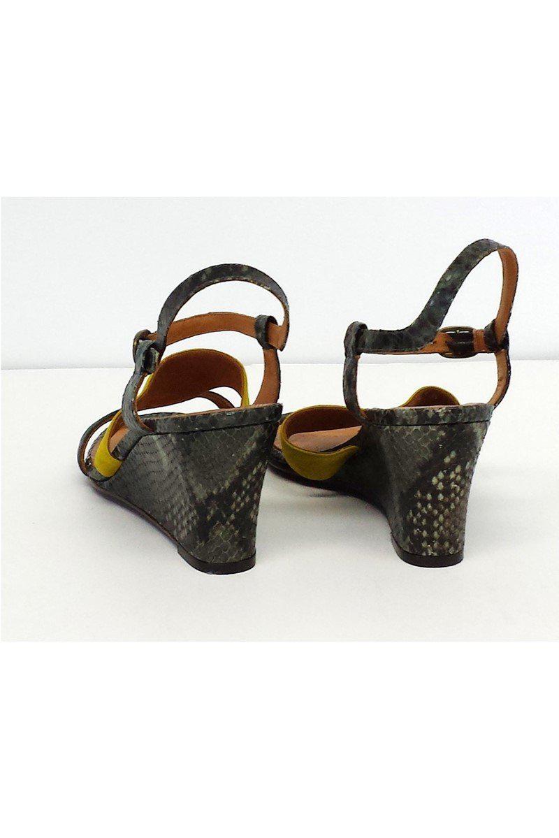 Chie Mihara's Stunning Finde Suede & Leather Colorblock Wedge Sandals - Size 9