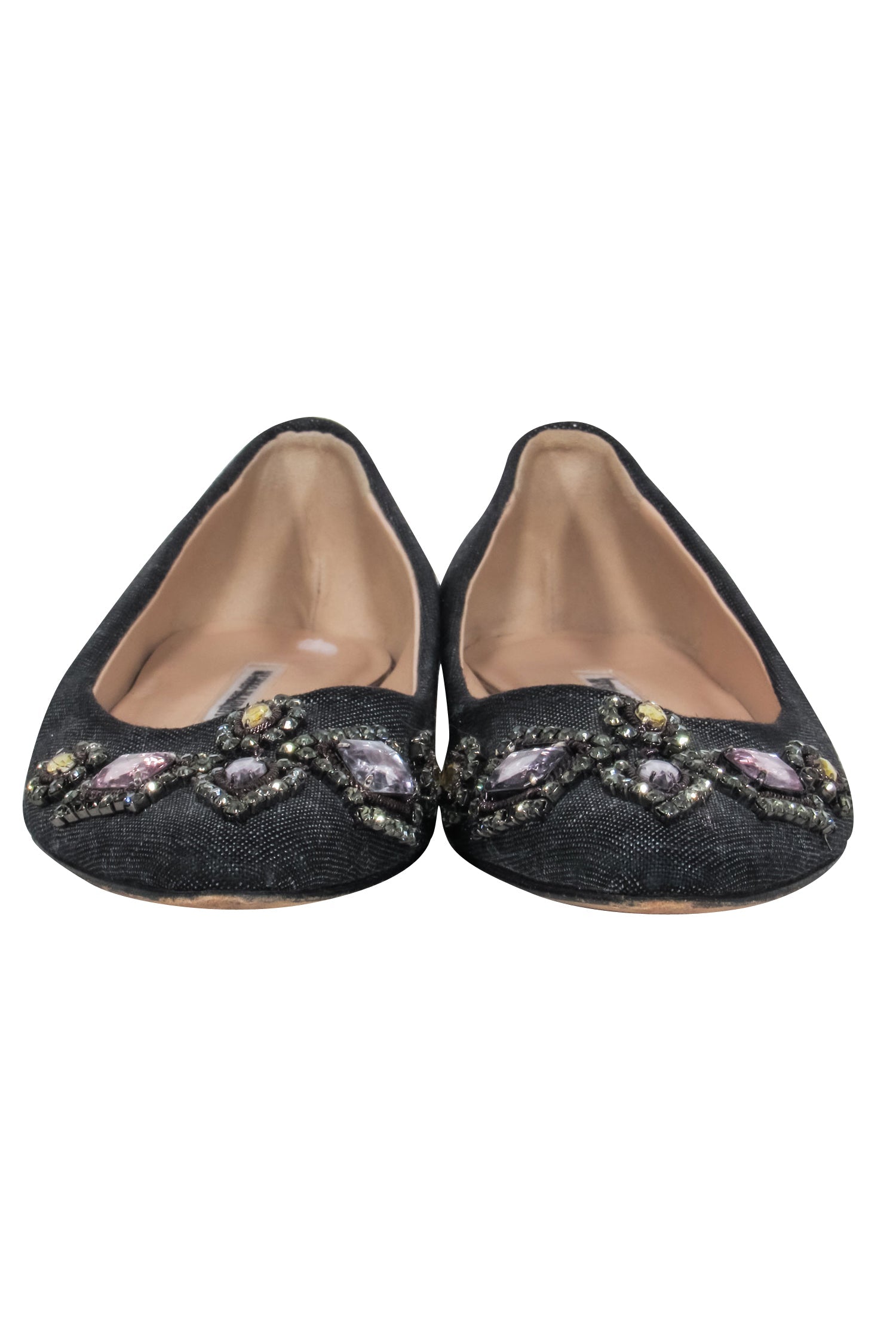 Manolo Blahnik Sparkling Crystal-Toe Canvas Flats - Size 7