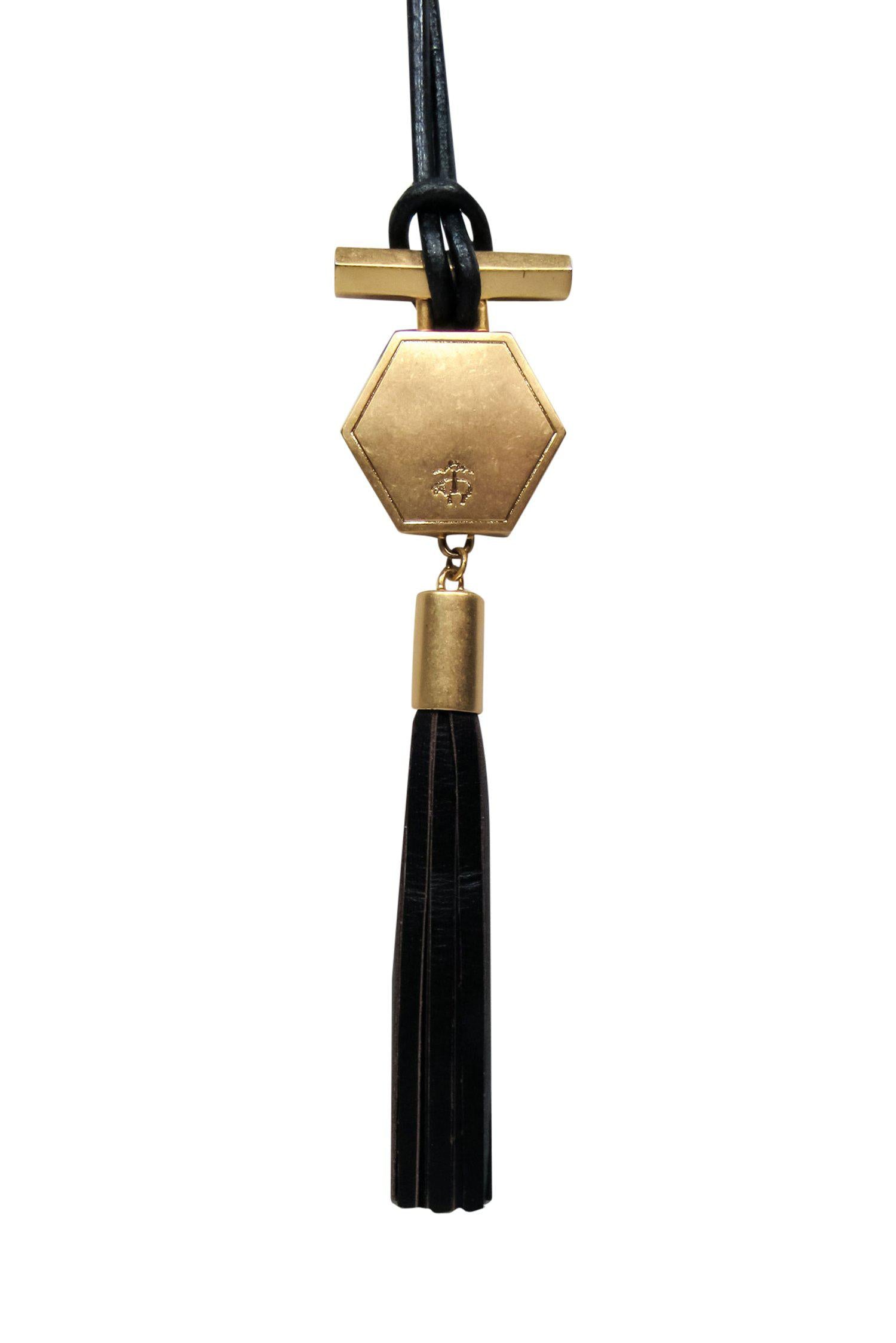 Brooks Brothers - Stunning Black Leather & Gold Hexagonal Tassel Necklace