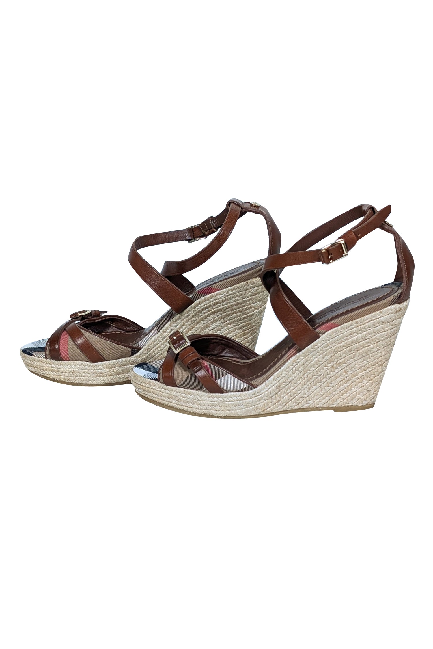 Burberry Tan Signature Plaid Peep-Toe Wedges with Buckle Trim - Size 9.5