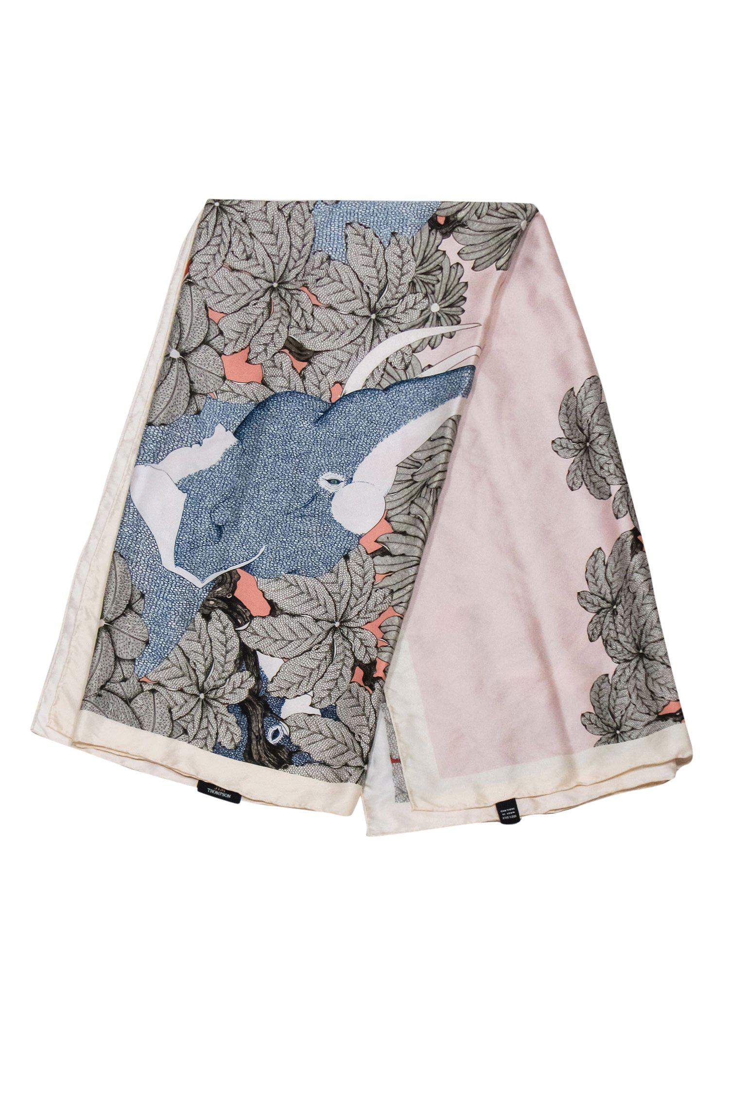 Jim Thompson's Exquisite Light Pink, Grey & Blue Elephant Jungle Print Silk Scarf