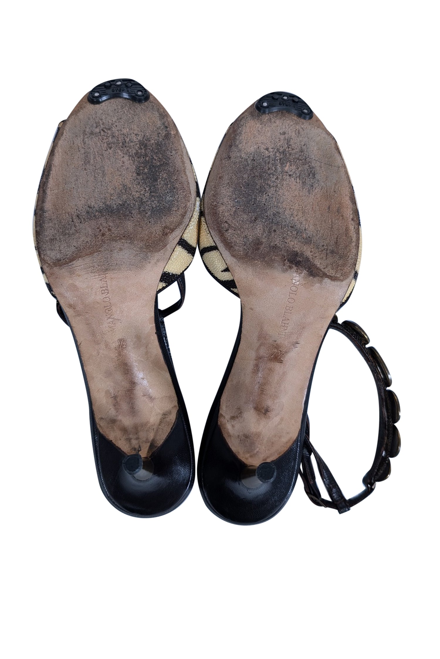 Manolo Blahnik - Stunning Brown & Beige Tiger Printed Stingray Leather Strappy Sandals in Size 7.5