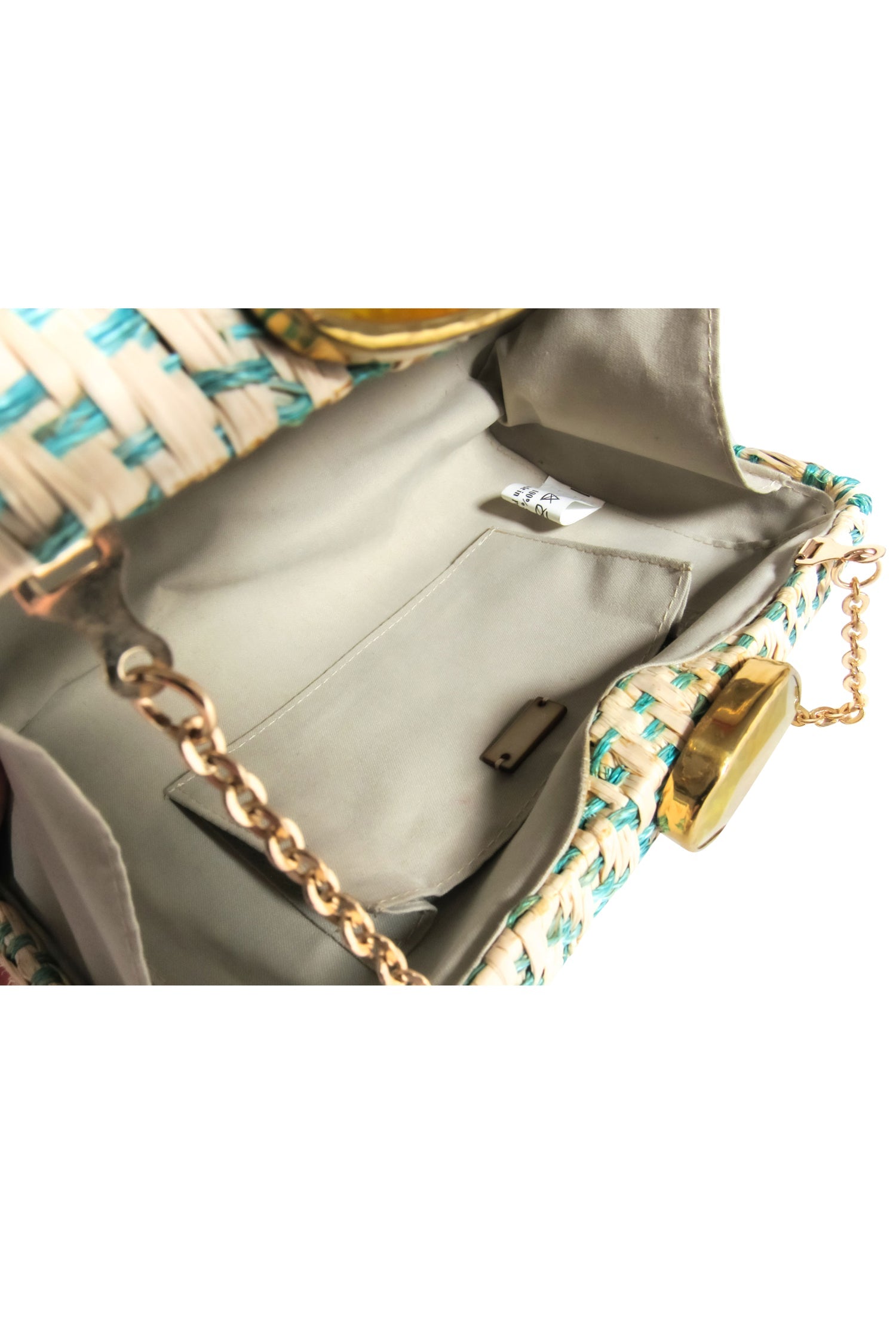 KAYU - Chic Beige & Teal Woven Wicker Crossbody with Gold Chain
