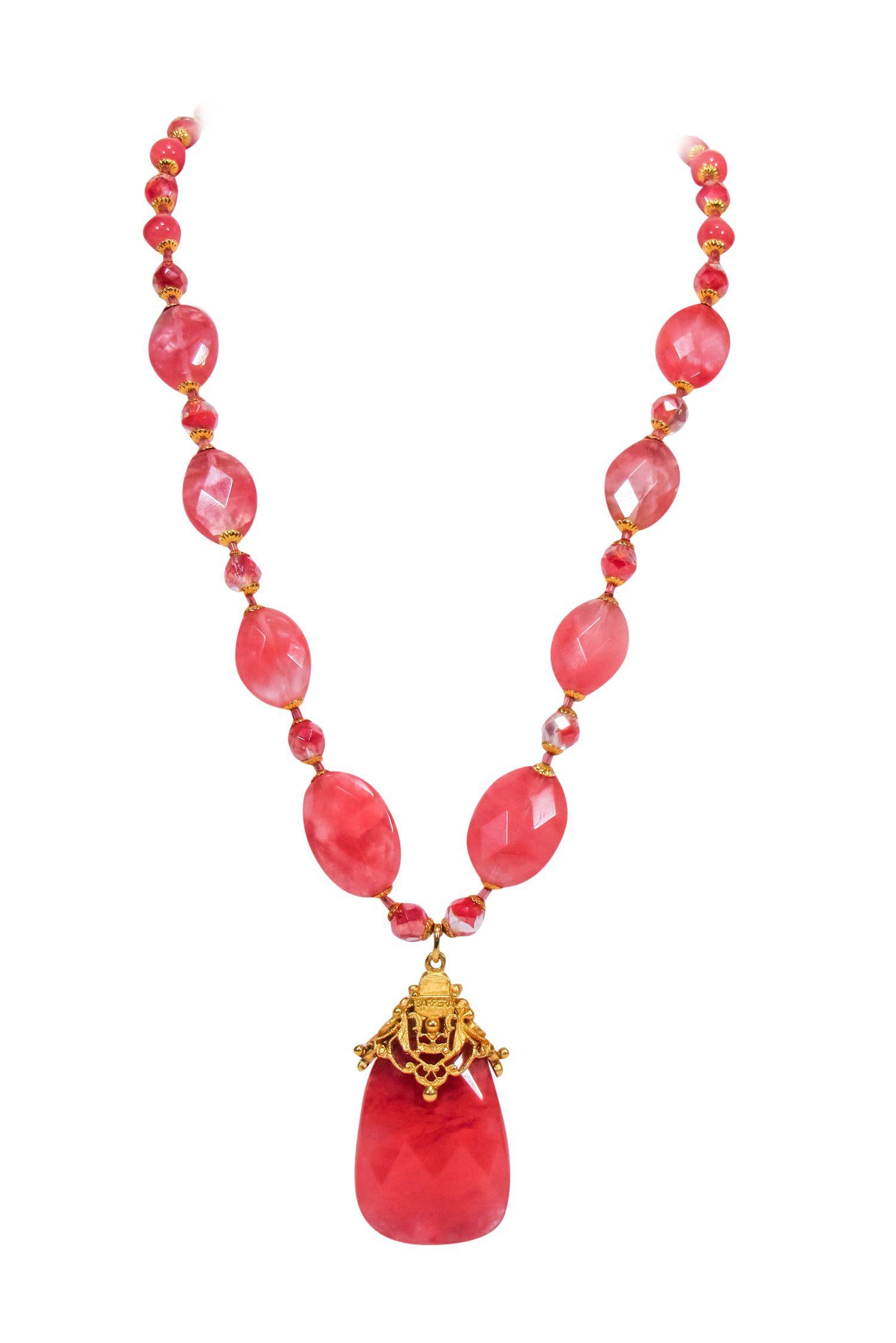 Jose & Maria Barrera - Stunning Gold & Pink Stone Chunky Pendant Necklace