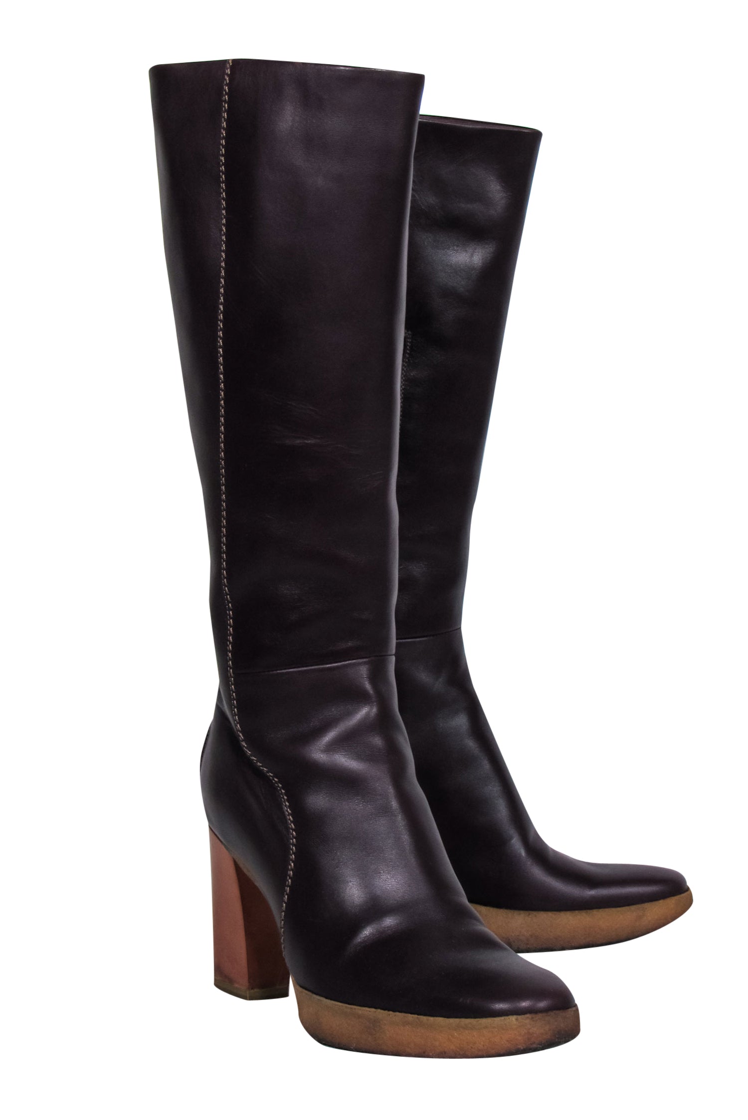 Tod's Deep Plum Smooth Leather Block Heel Boots - Size 7