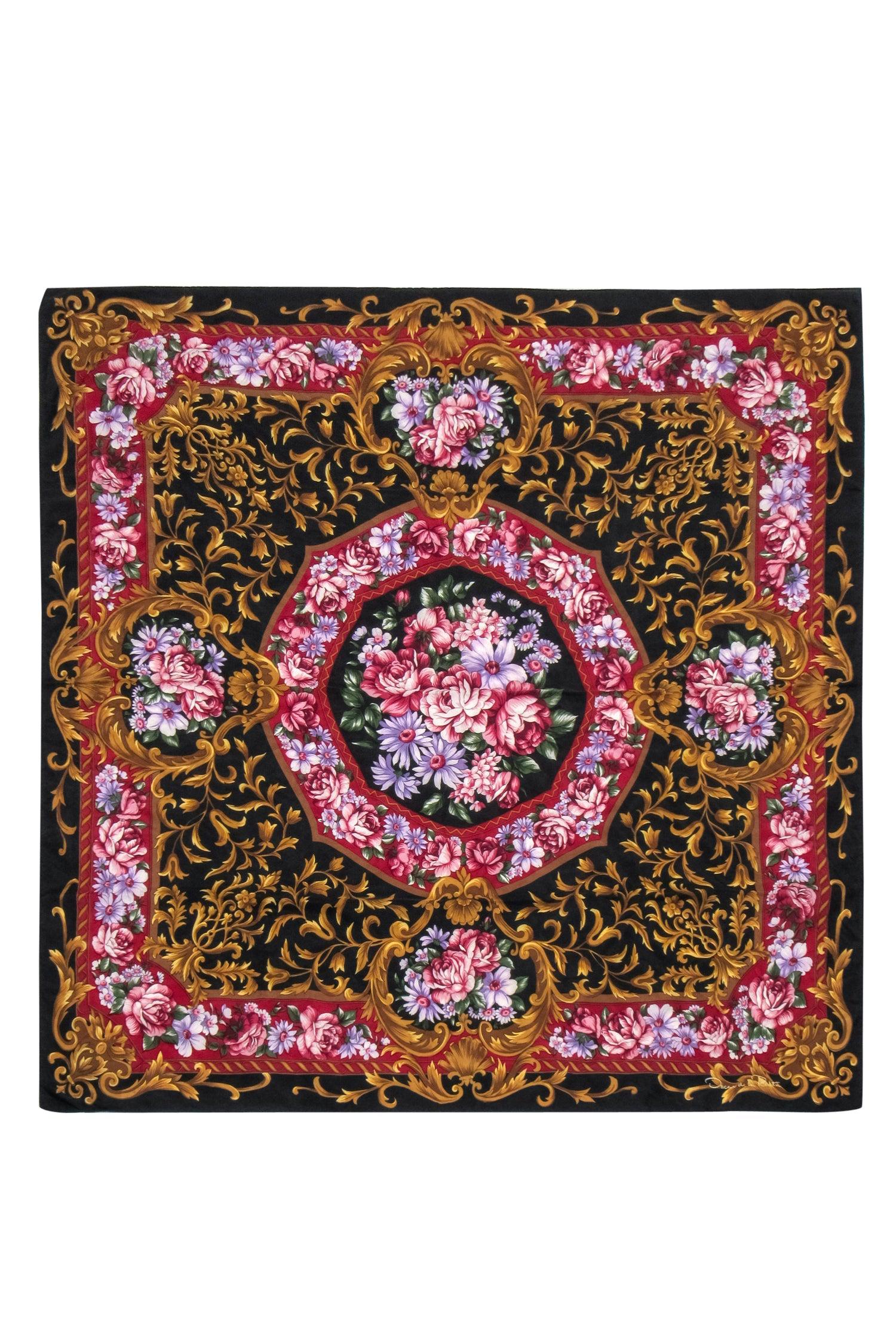 Oscar de la Renta - Exquisite Black & Multicolor Floral Print Silk Scarf