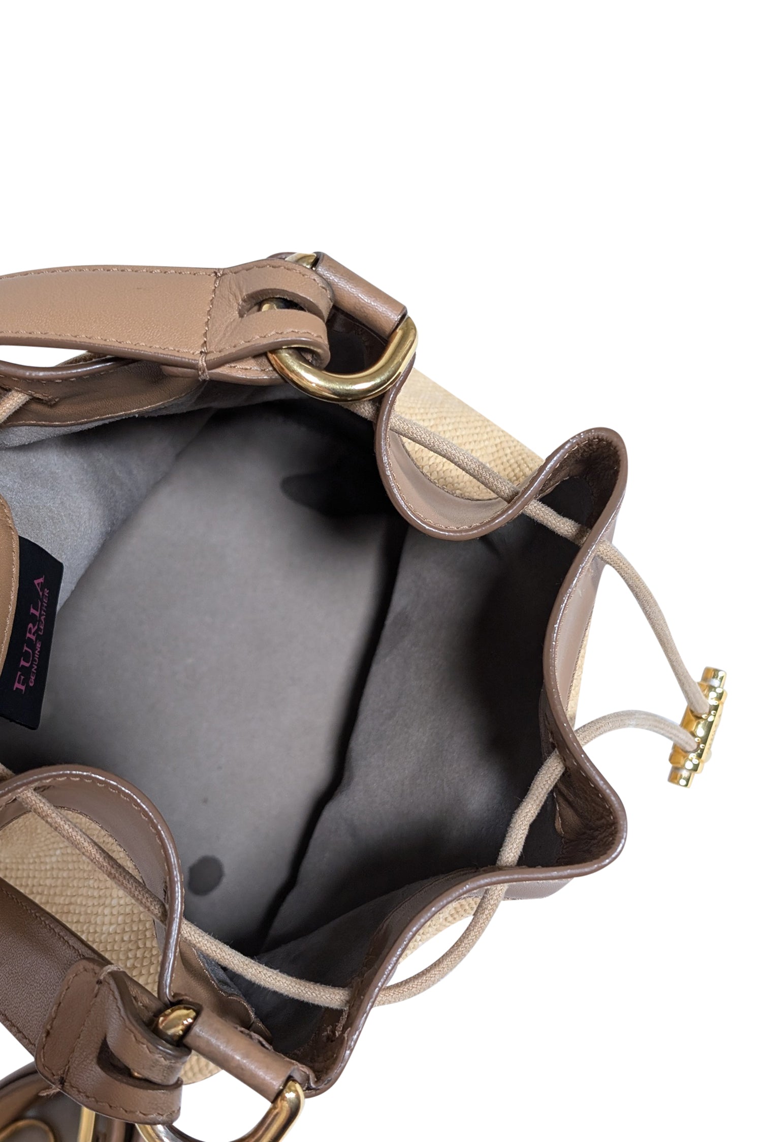 Furla's Irresistible Beige Raffia Bucket Bag with Genuine Leather Trims