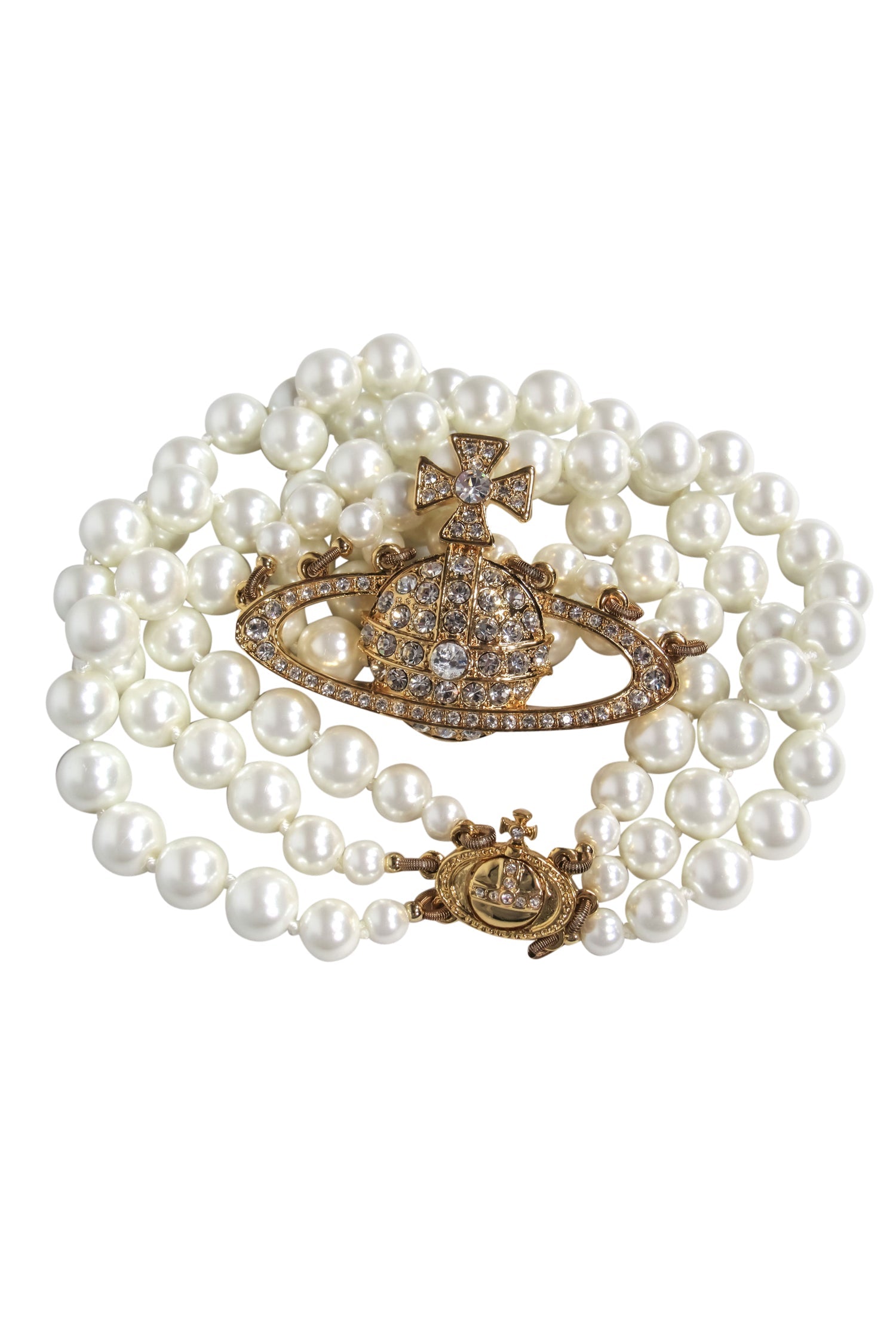 Vivienne Westwood - Glamorous Three-Strand Faux Pearl Choker with Jeweled Gold Logo