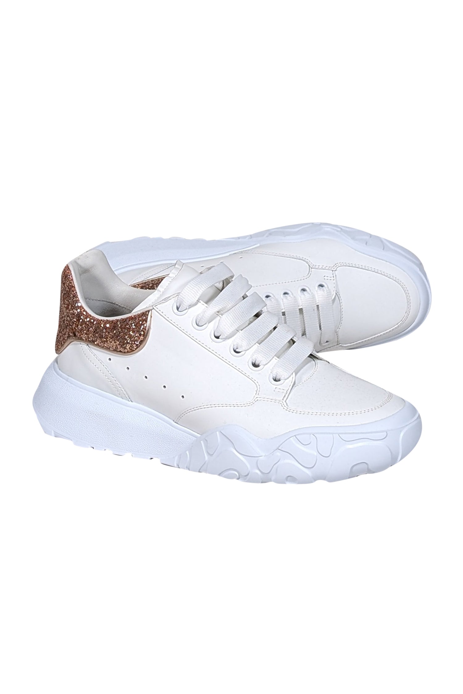 Alexander McQueen - Stunning White Leather Lace - Up Sneakers with Rose Gold Accents, Size 10