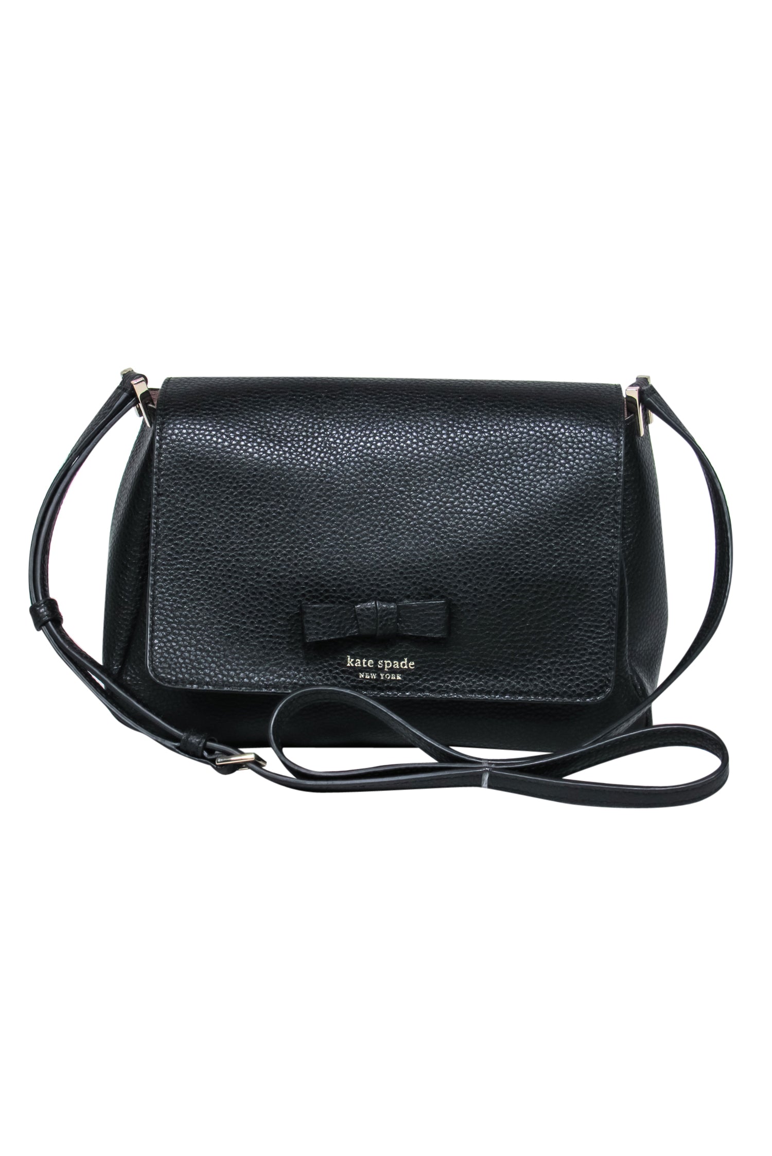 Kate Spade Black Pebbled Leather Fold-Over Crossbody Bag with a Charming Bow