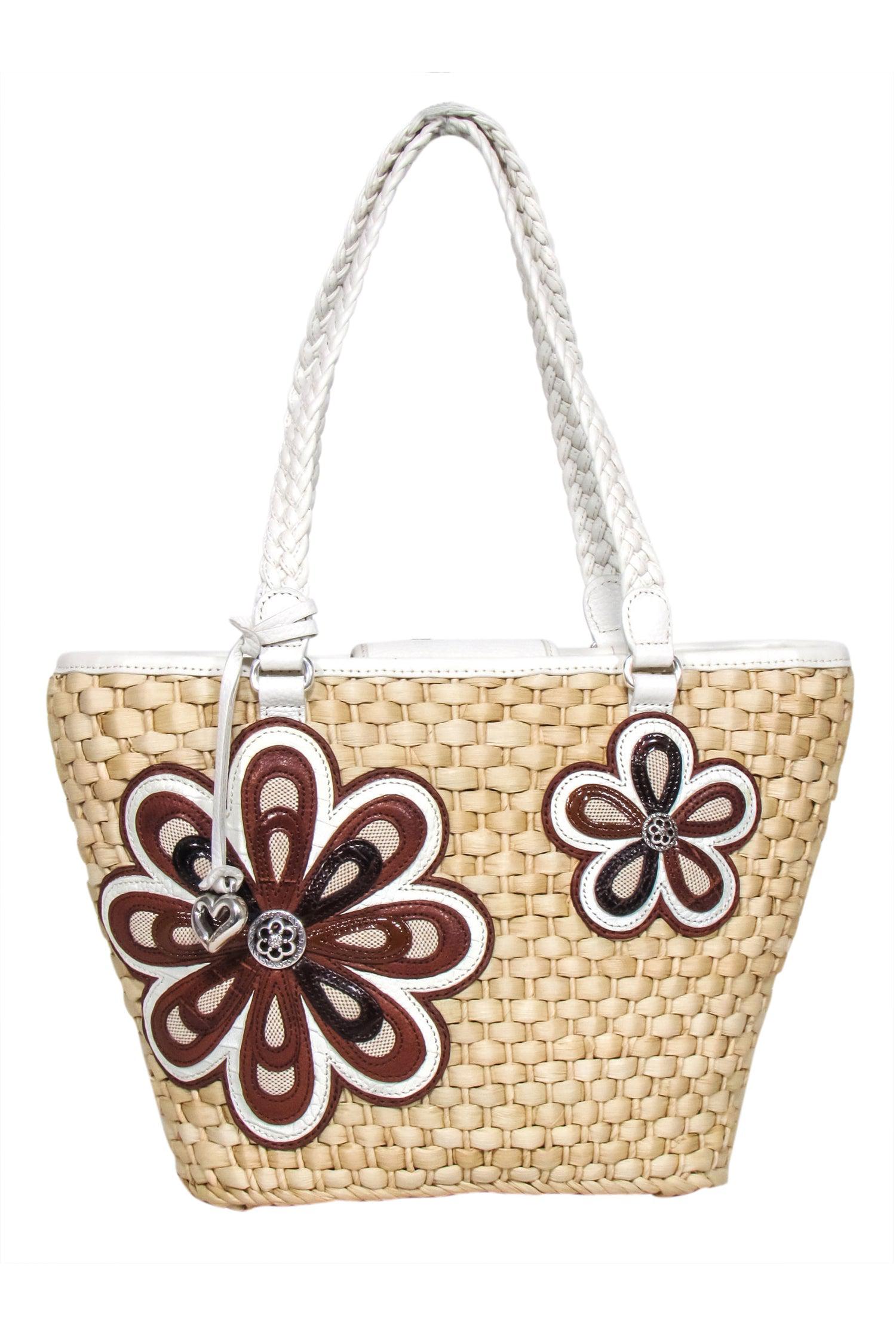 Brighton Beige Straw Tote Bag with Stunning Leather Flowers