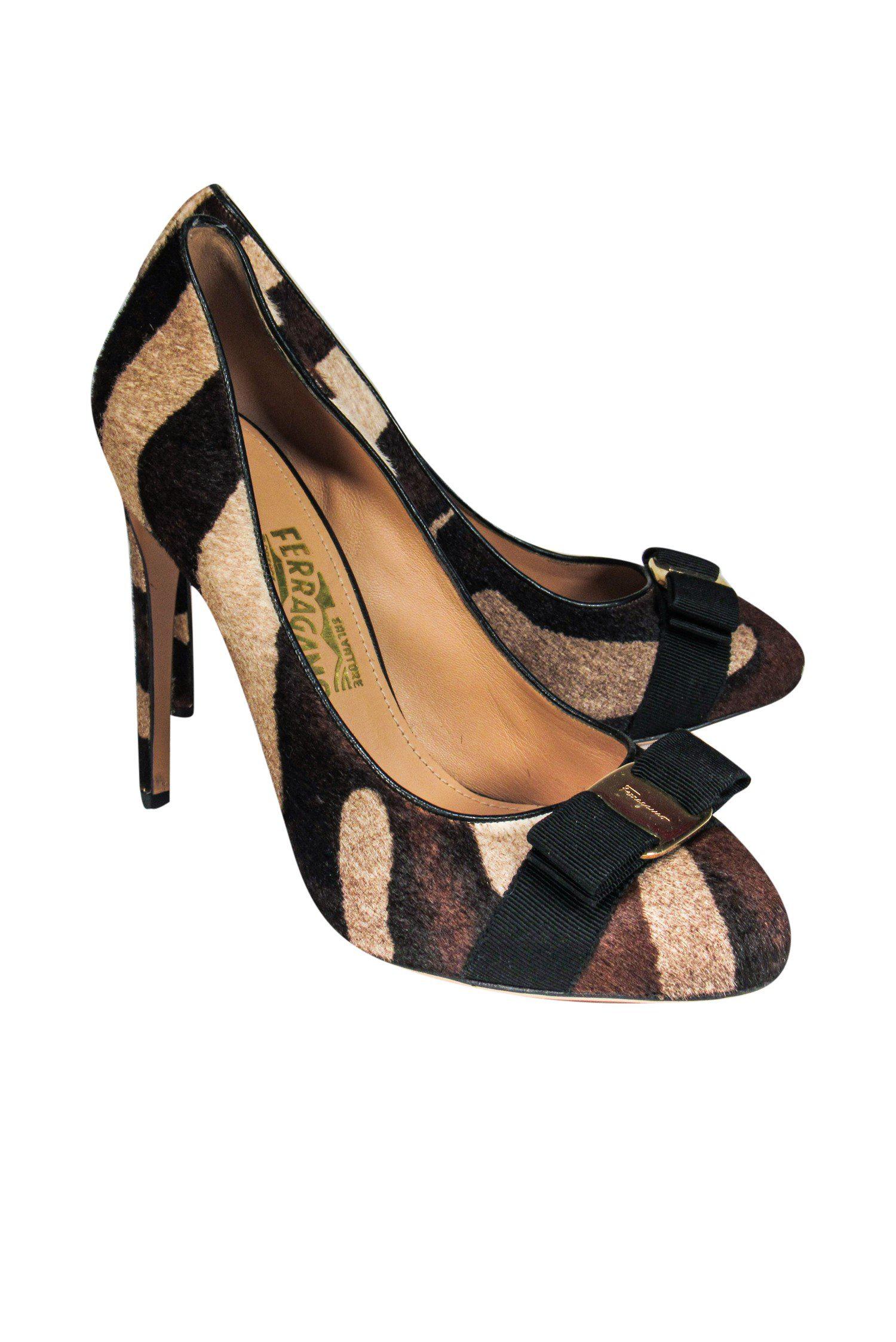Ferragamo Brown Zebra Mohair Bow Pumps - Size 9.5