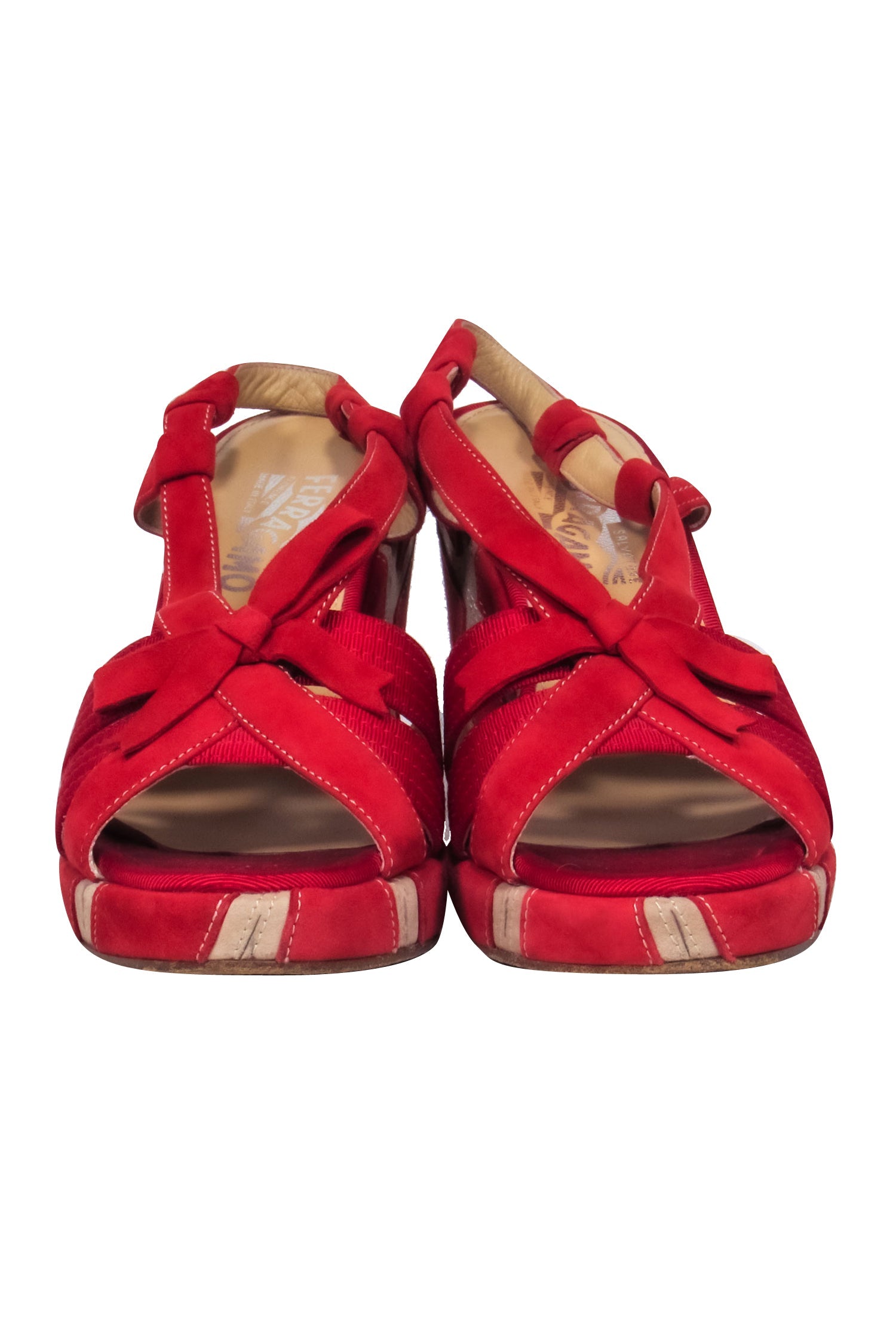 Ferragamo Red Suede Dreamy Open Toe Strappy Slingback Wedges - Size 9