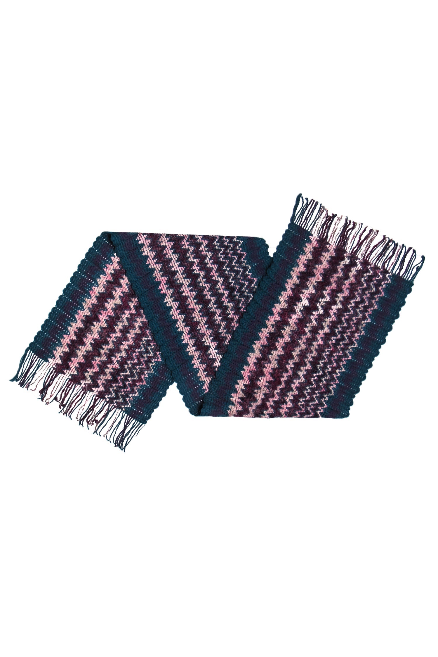 Missoni - Stunning Dark Teal, Purple & Pink Chevron Knit Wool Blend Scarf with Fringe