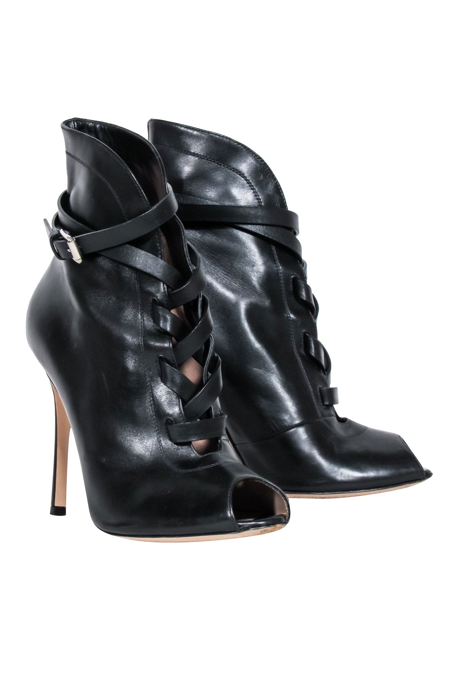 Gianvito Rossi - Seductive Black Leather Peep Toe Lace - Up Short Boots Size 8