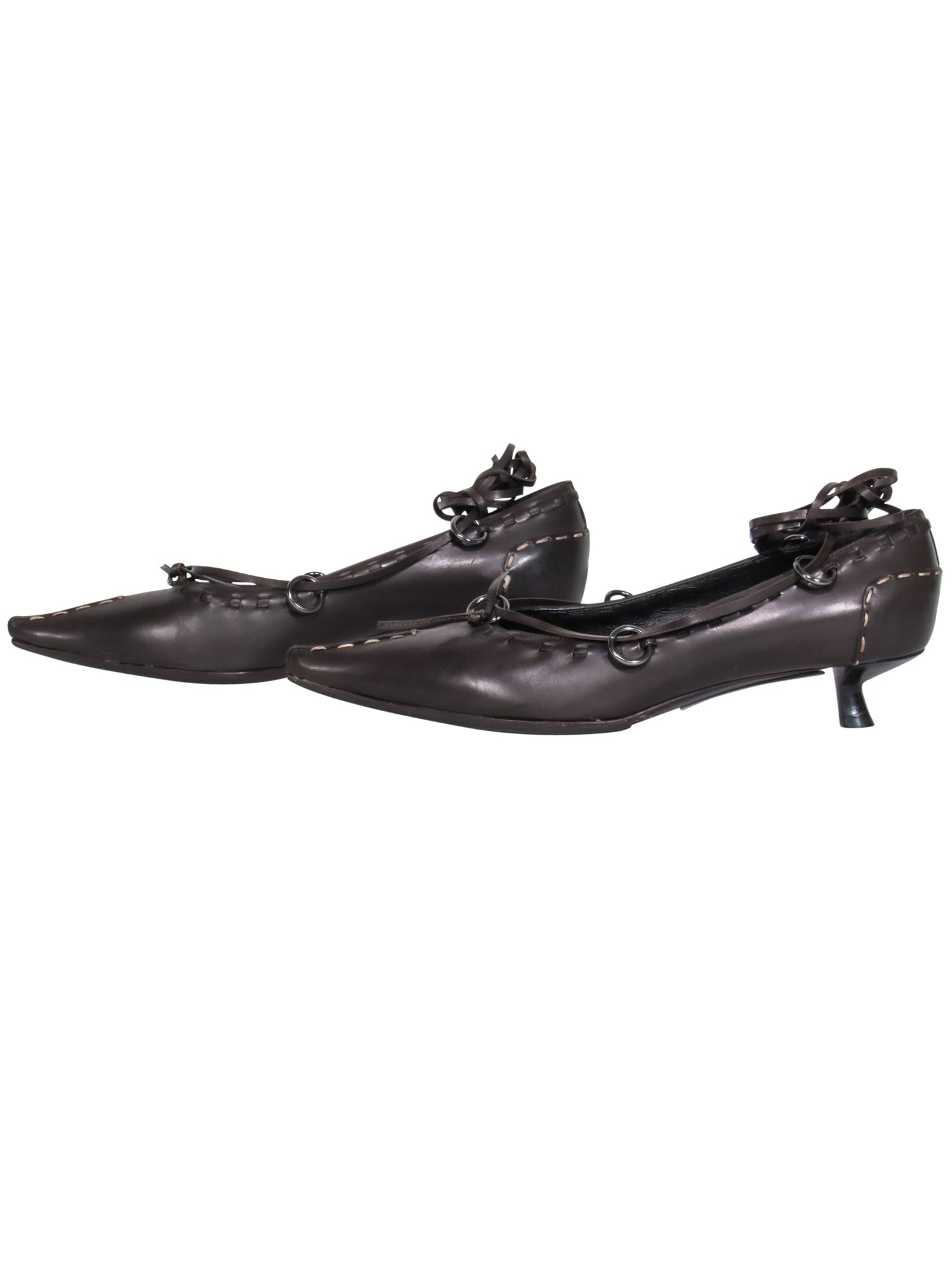 Fendi Brown Leather Pointy Toe Lace - Up Kitten Heels in Size 7.5: Vintage Glam!