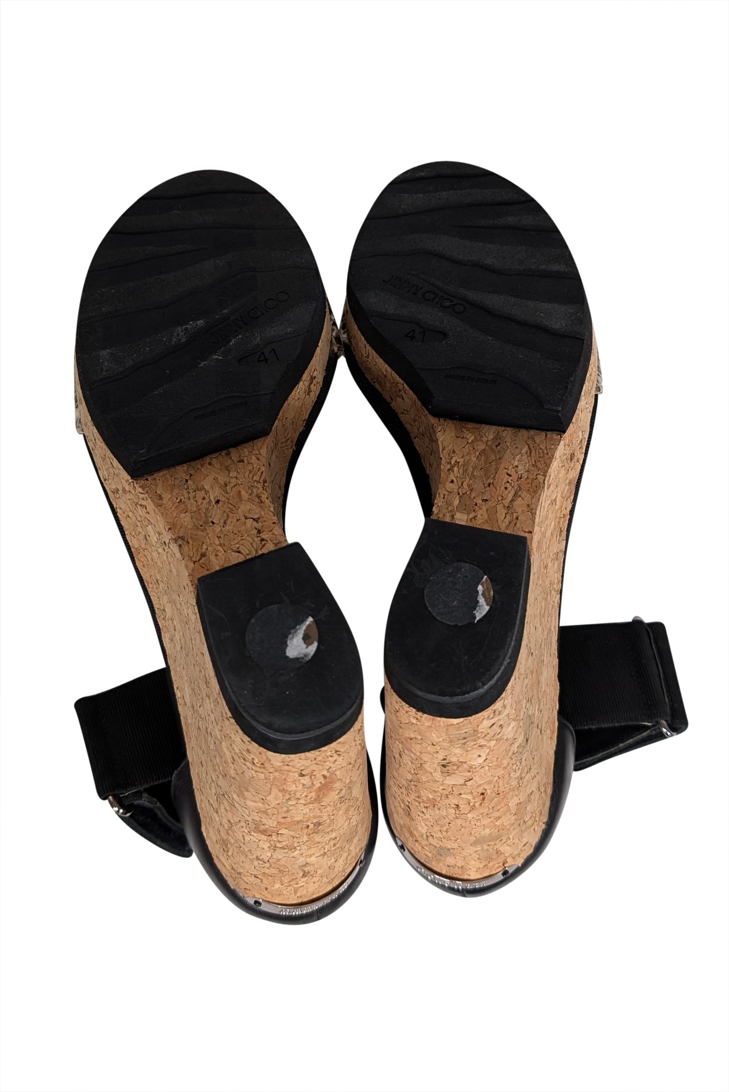 Jimmy Choo's Stunning Black & Tan Cork Wedges with Snakeskin Print - Size 11