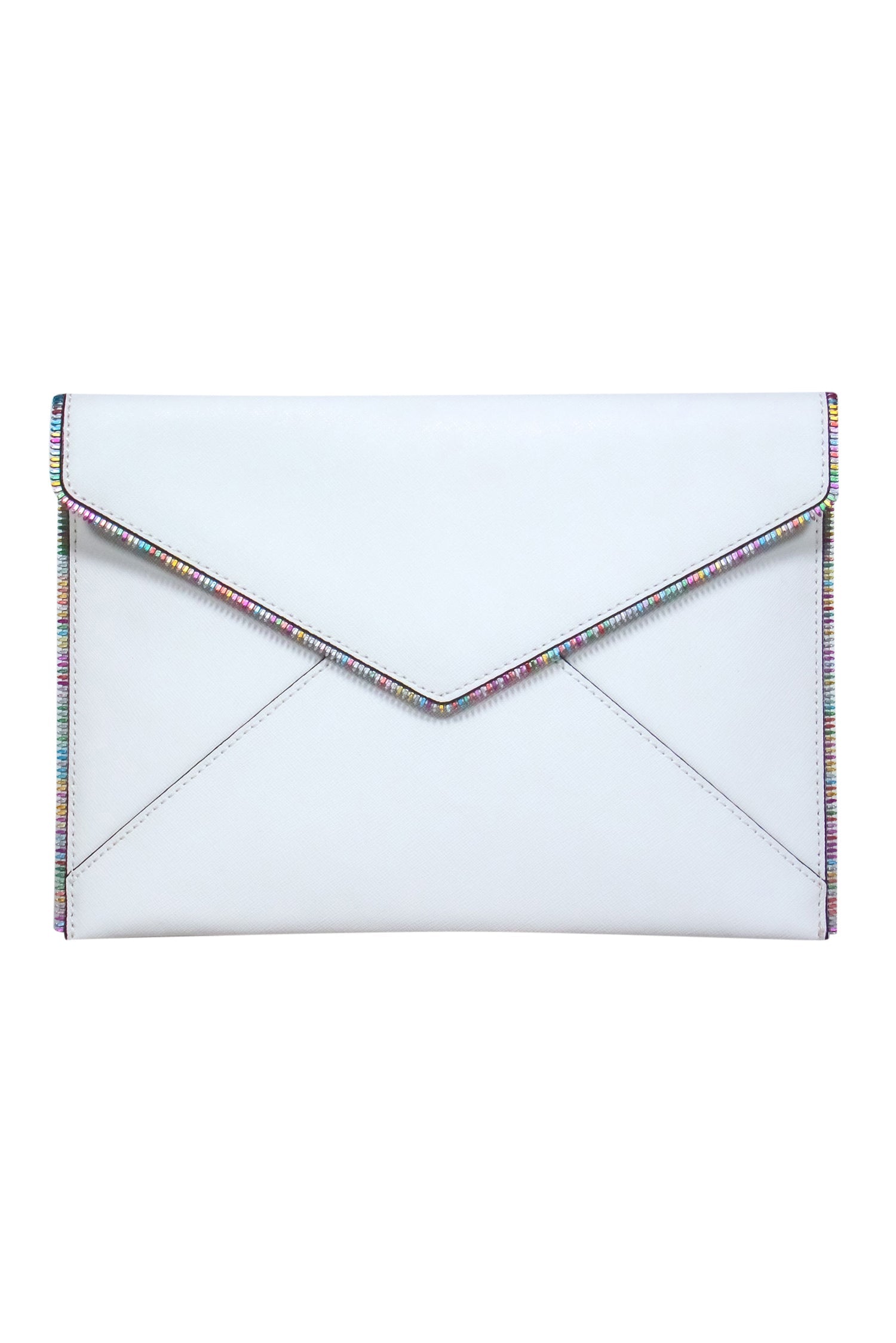 Rebecca Minkoff's Stunning White Textured Leather Leo Envelope Clutch with Rainbow Zipper Trim