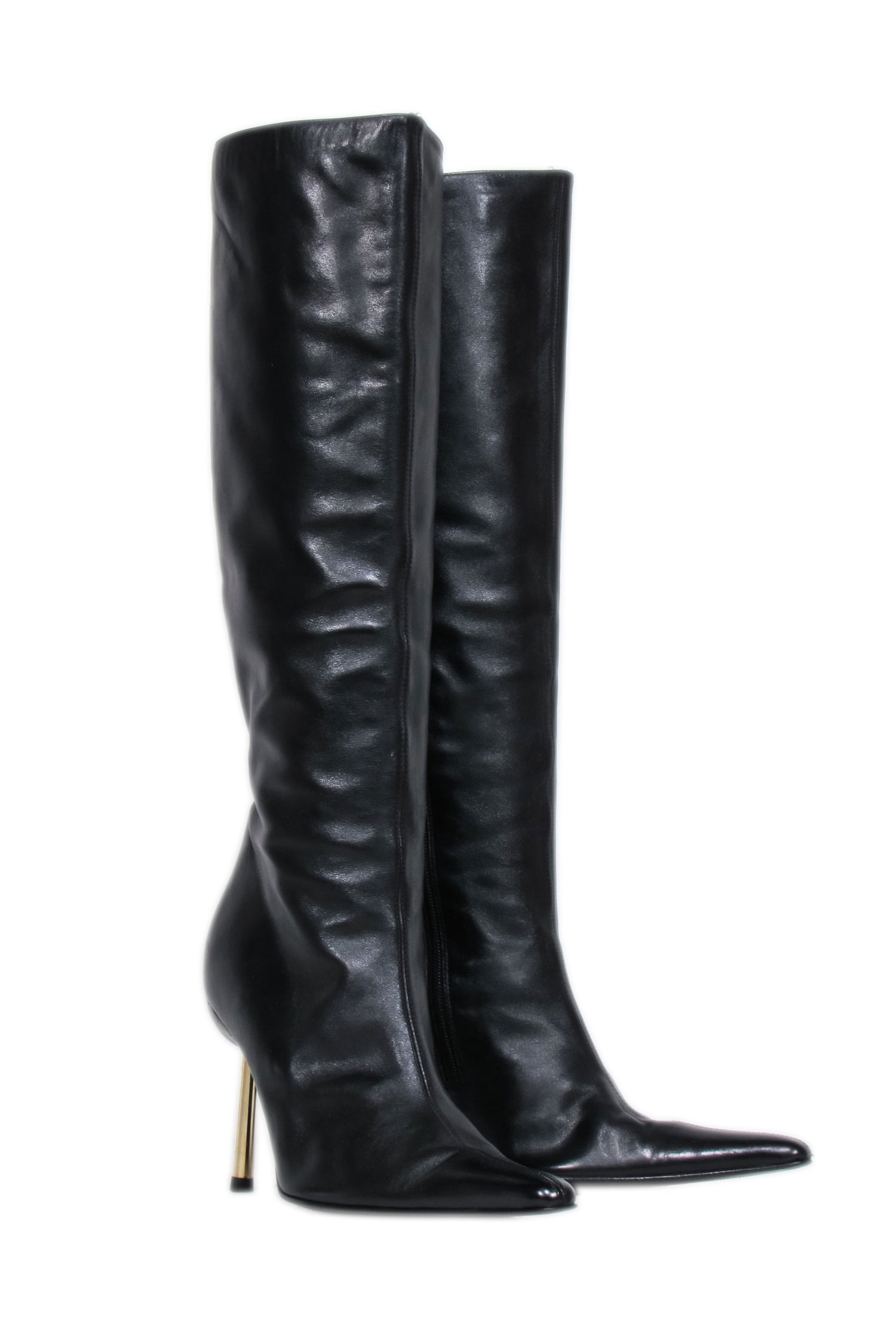 Versace Black Leather Boots with Stunning Gold Stiletto Heel - Size 8