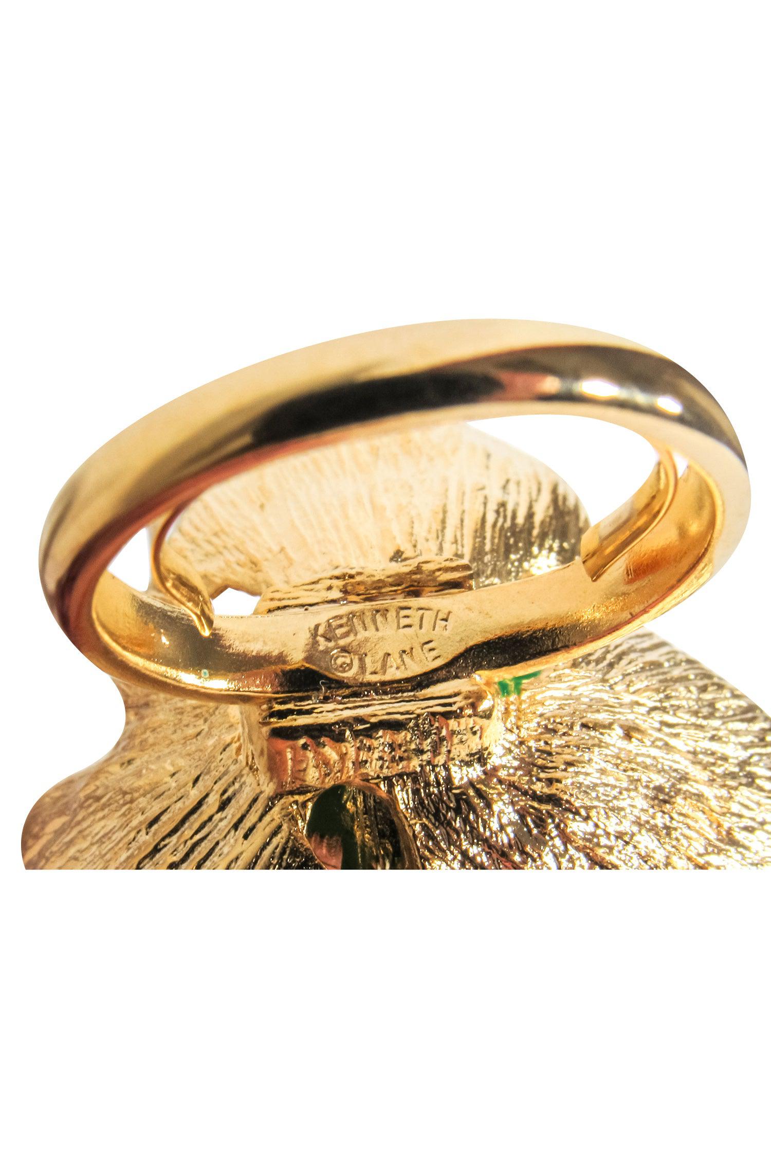 Frances Valentine's Enchanting Gold Ring with Green Flower and Pearl (Size 7)