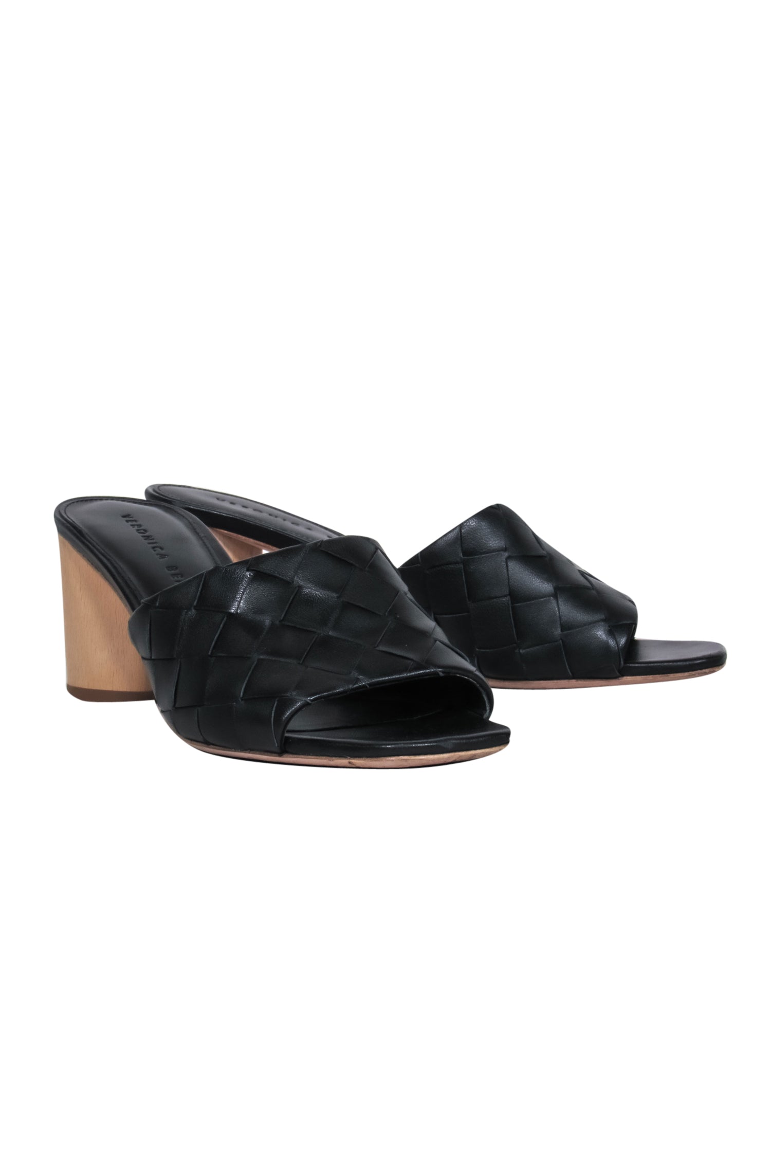 Veronica Beard Black Woven Mule Pumps: Chic Style with Round Wooden Heel, Size 7.5