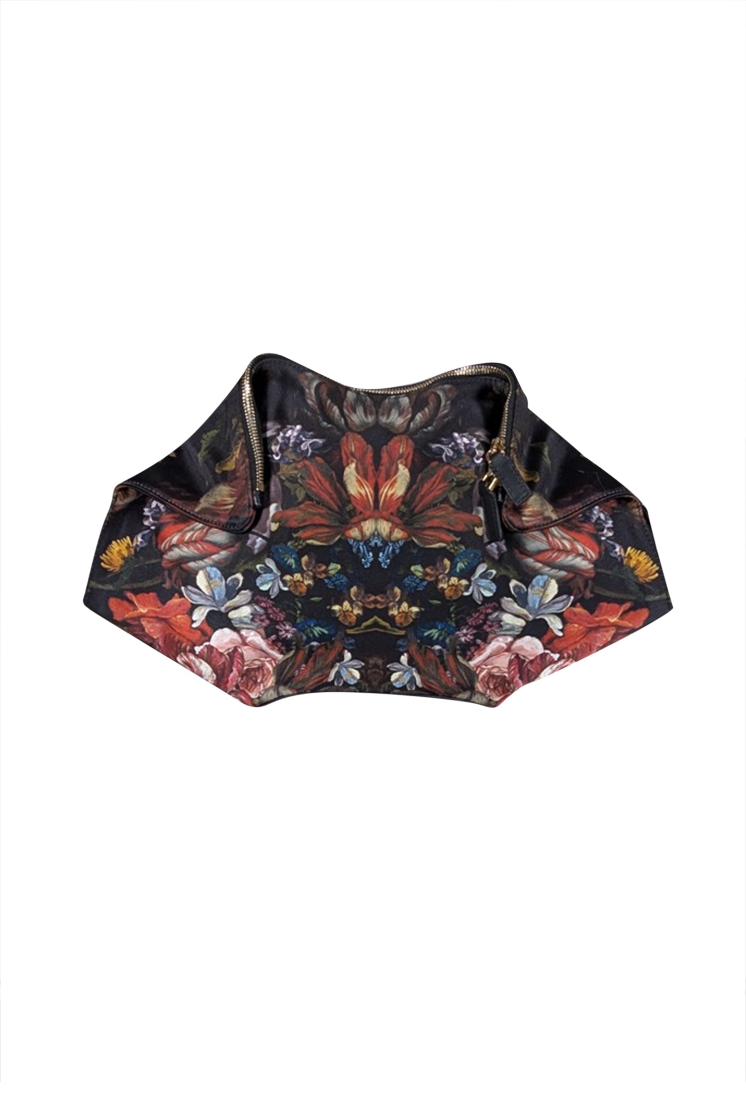 Alexander McQueen - Stunning Black Satin Manta Clutch with Red, Blue & Green Floral Print