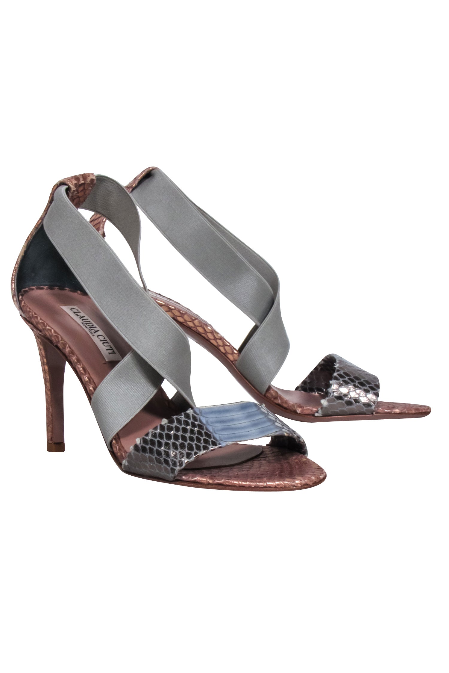 Claudia Ciuti Rose Gold & Grey Snakeskin Strappy Sandals - Size 6.5