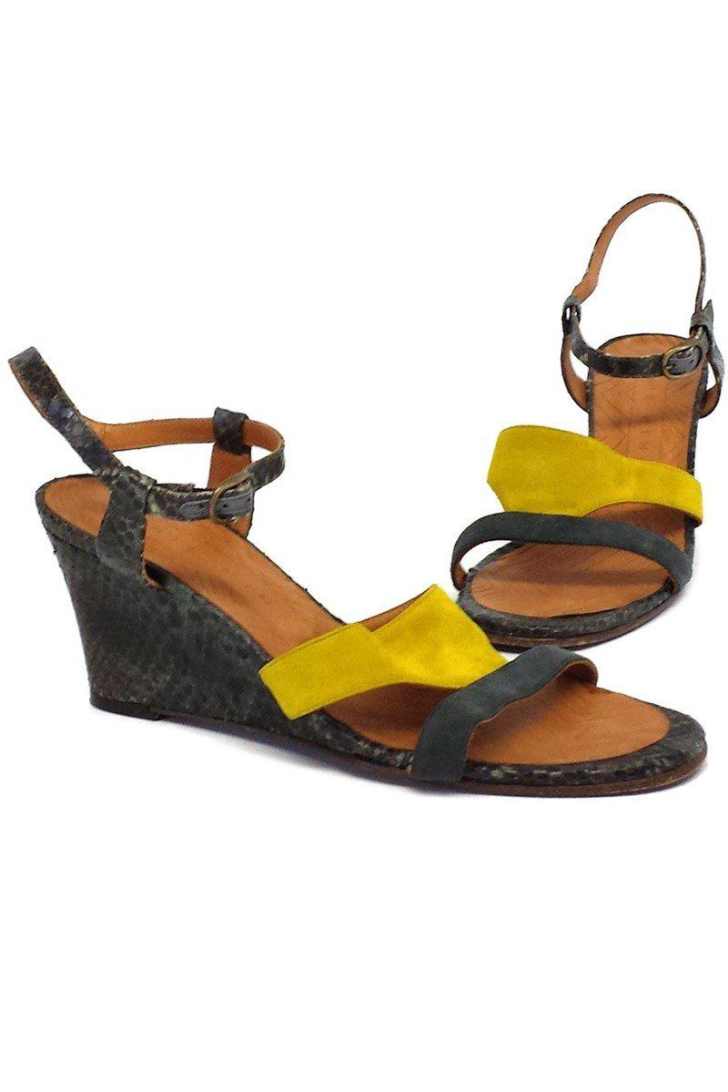 Chie Mihara's Stunning Finde Suede & Leather Colorblock Wedge Sandals - Size 9