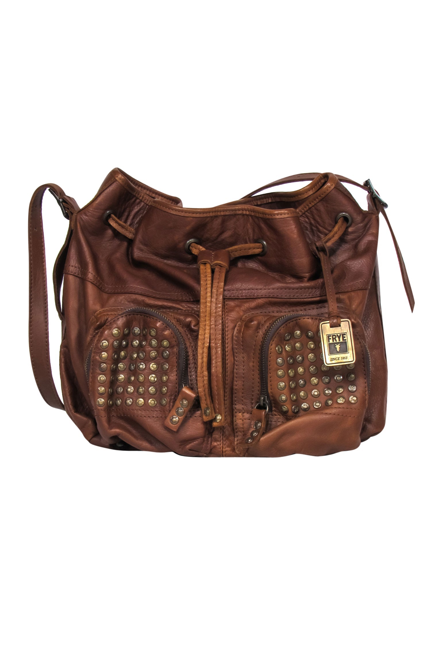 Frye's Stunning Brown Leather Studded Drawstring Crossbody Bag