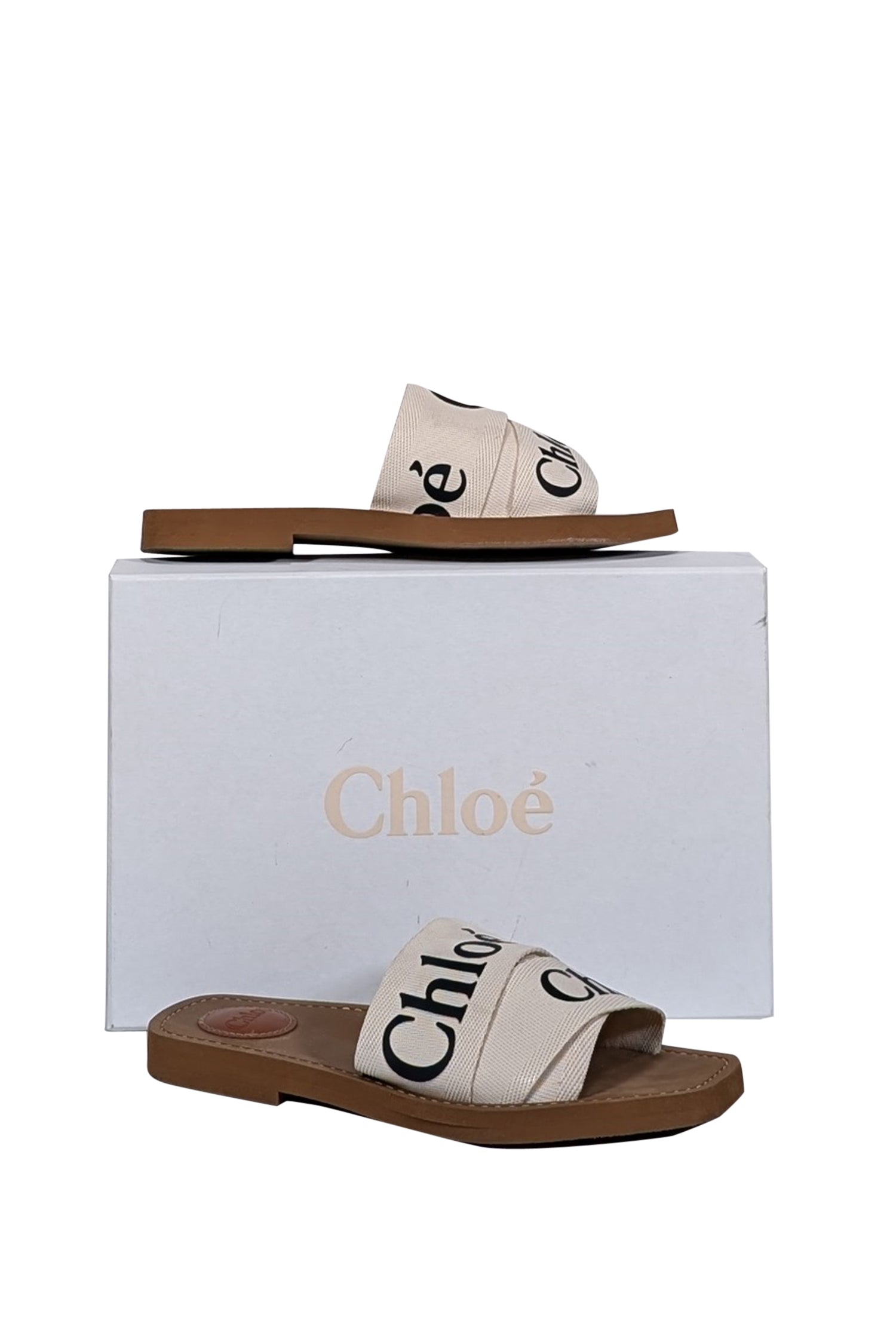 Chloe - Stylish White Woody Logo Ribbon Slide Sandals in Size 7
