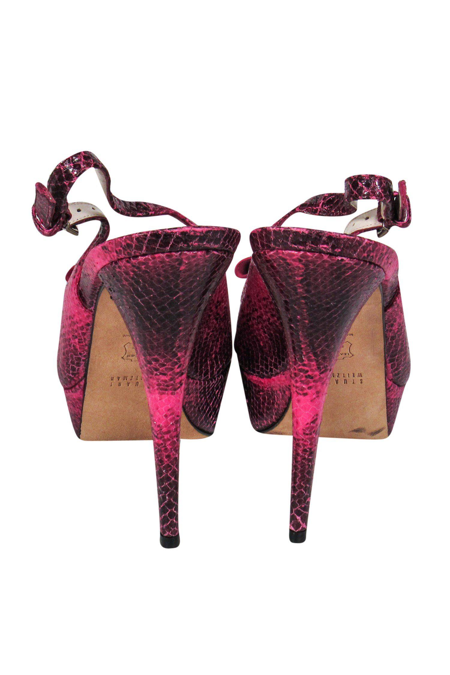 Stuart Weitzman Fuchsia Snakeskin Platform Heels with Bows - Size 9.5 - Perfect for a Night Out!