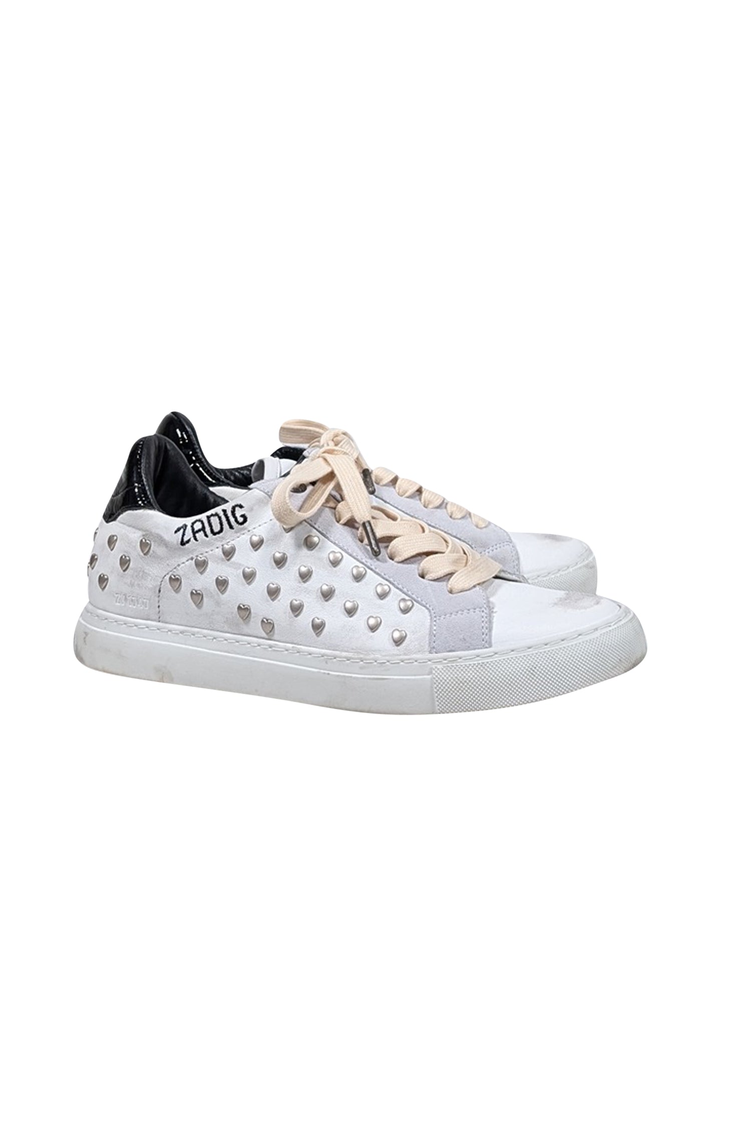 Zadig & Voltaire Distressed White Leather Heart-Embellished Sneakers - Size 9