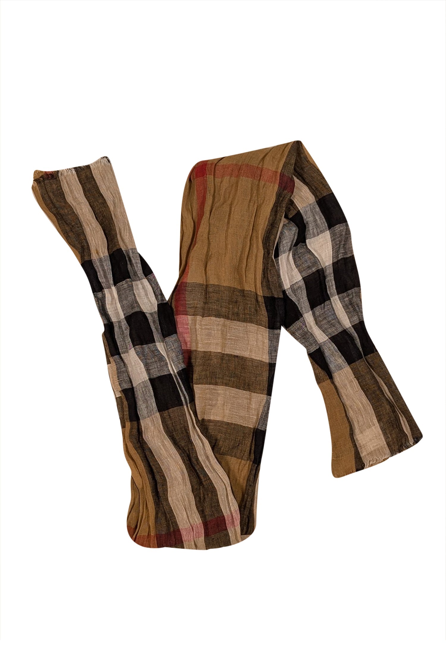 Burberry - Timeless Tan, Red, White & Black Plaid Linen Scarf