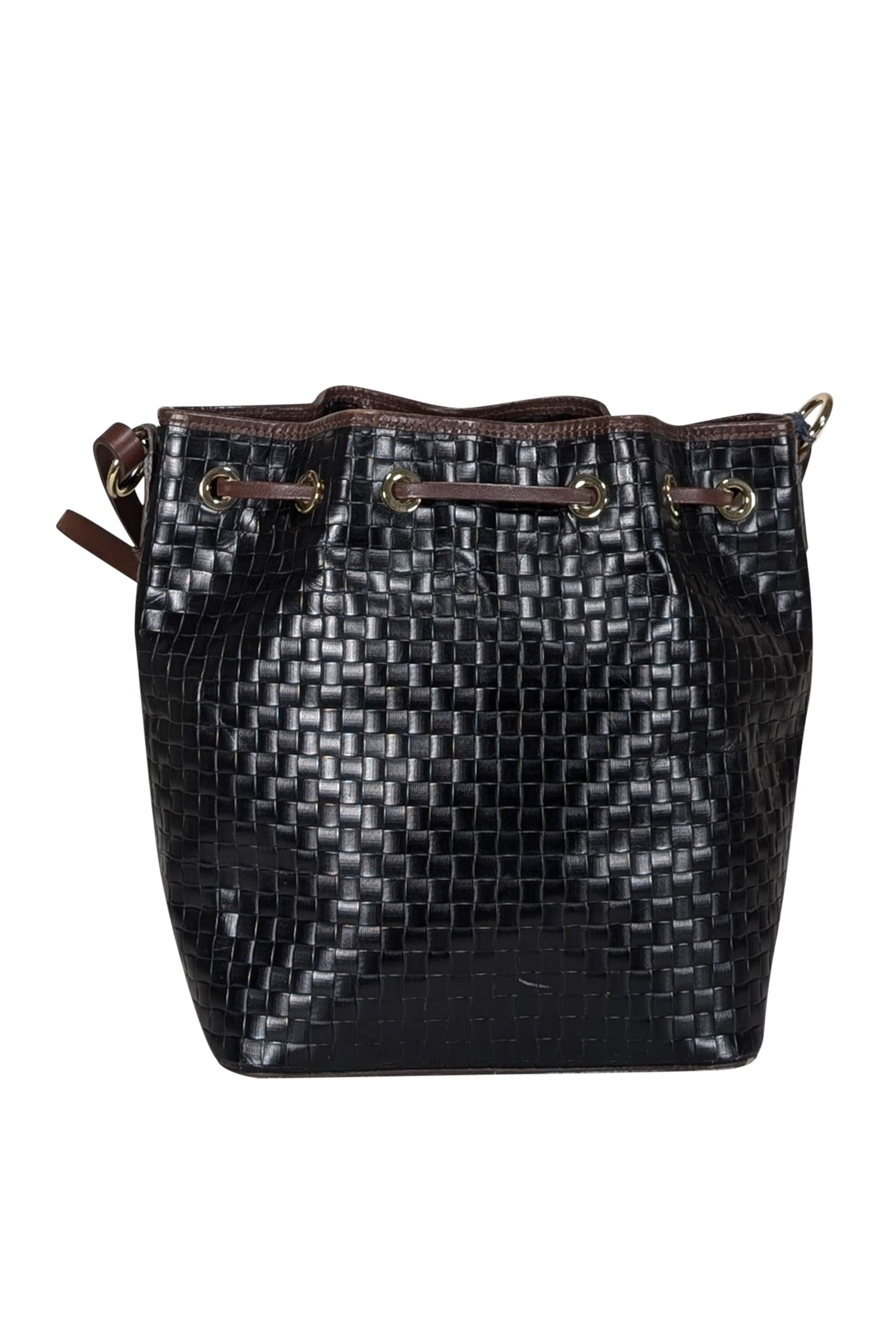 Dooney & Bourke's Stunning Black Woven Leather Bucket Bag with Brown Trim