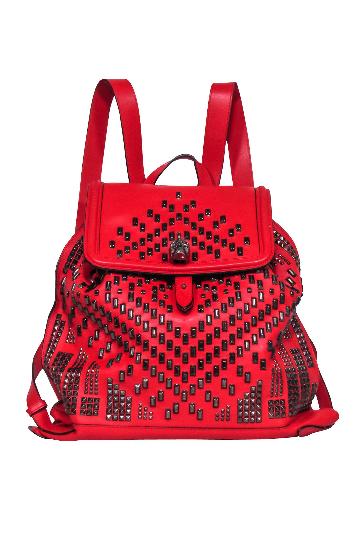 Alexander McQueen Red Leather Studded Front Backpack - Make a Bold Fashion Statement!