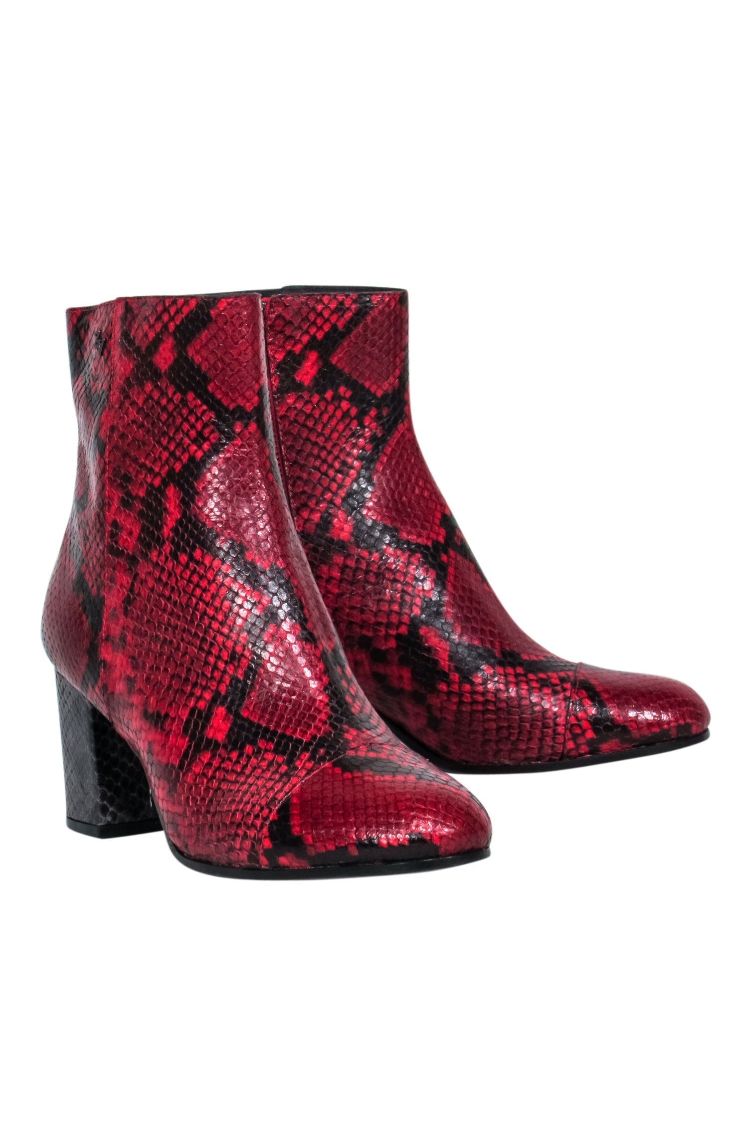 Zadig & Voltaire - Striking Red & Black Snake Skin Print Short Boots, Size 10