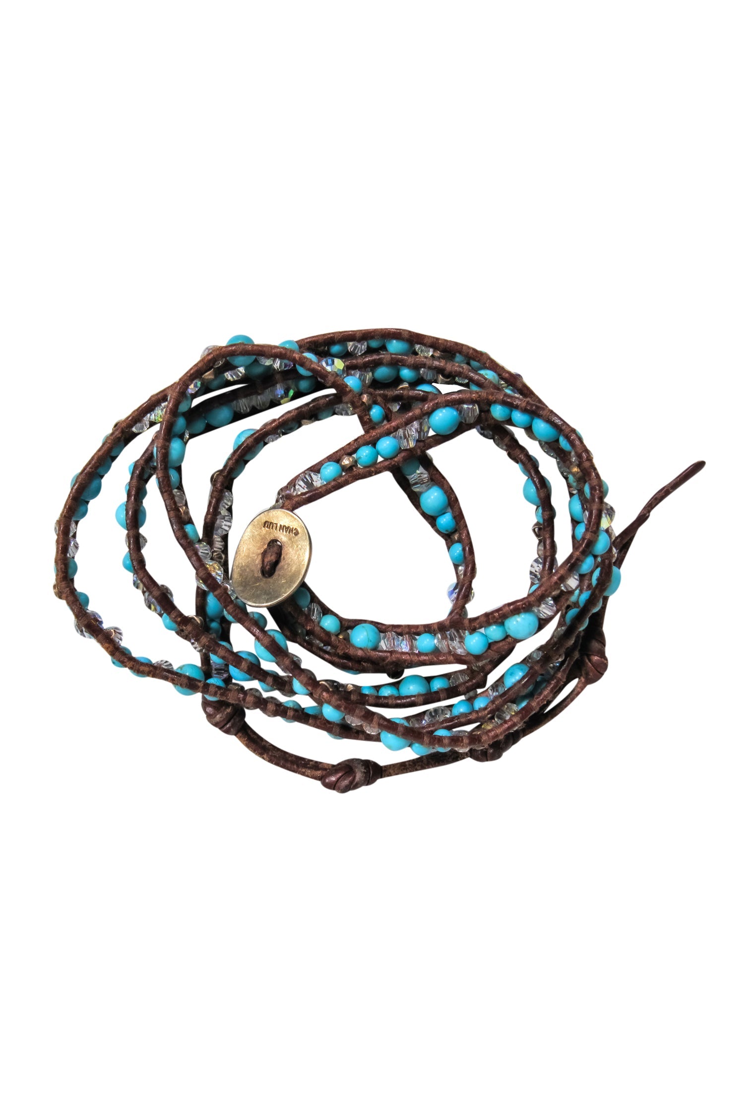 Chan Luu - Stunning Brown Leather Woven Wrap Bracelet with Clear & Turquoise Beads